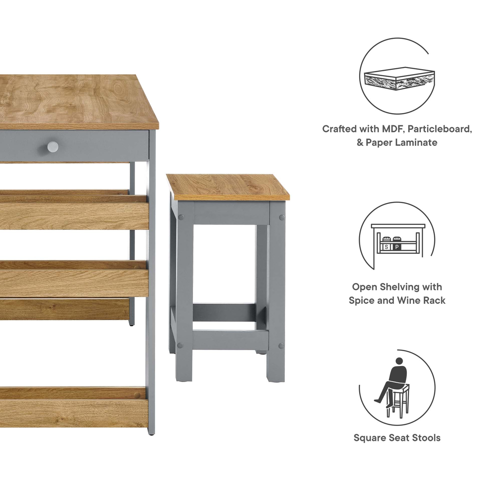 Galley 3-Piece Kitchen Island and Stool Set - Oak Gray
