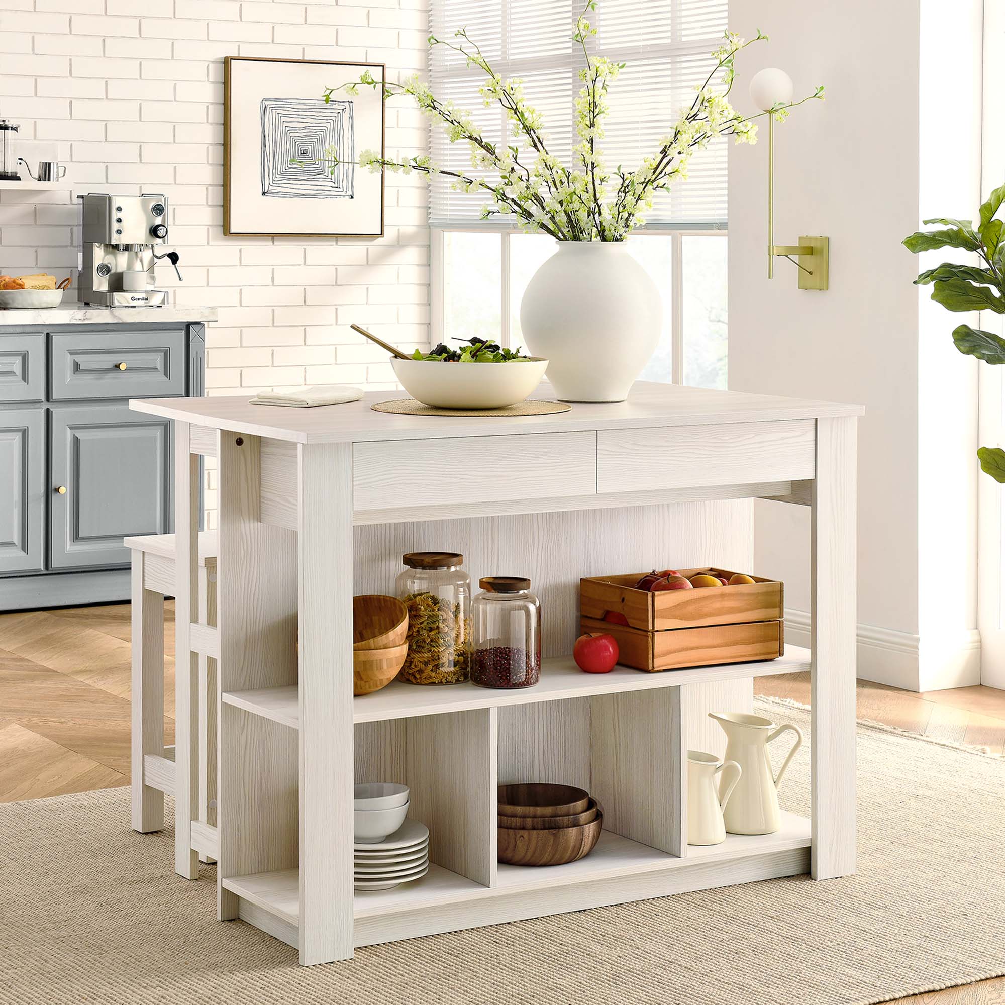 Meadowbrook 3-Piece Kitchen Island and Stool Set - White Maple