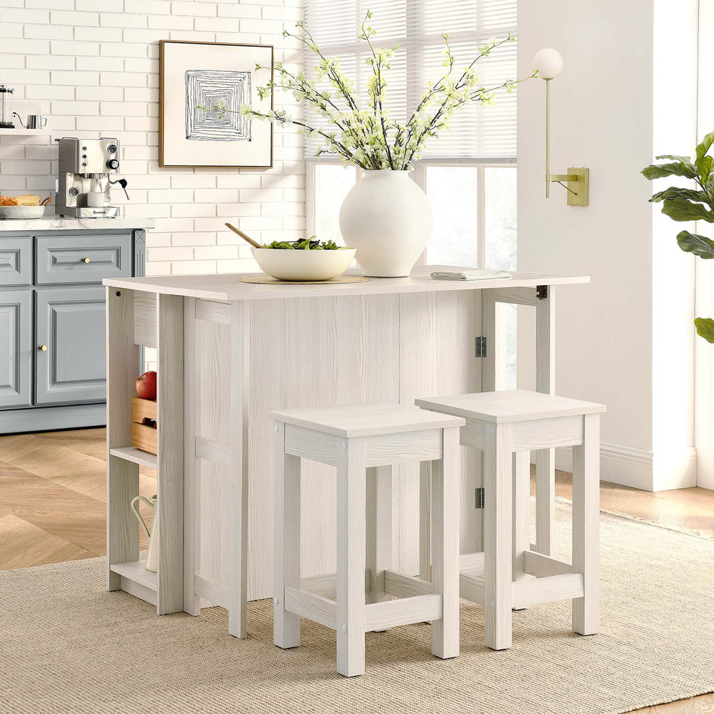 Meadowbrook 3-Piece Kitchen Island and Stool Set - White Maple