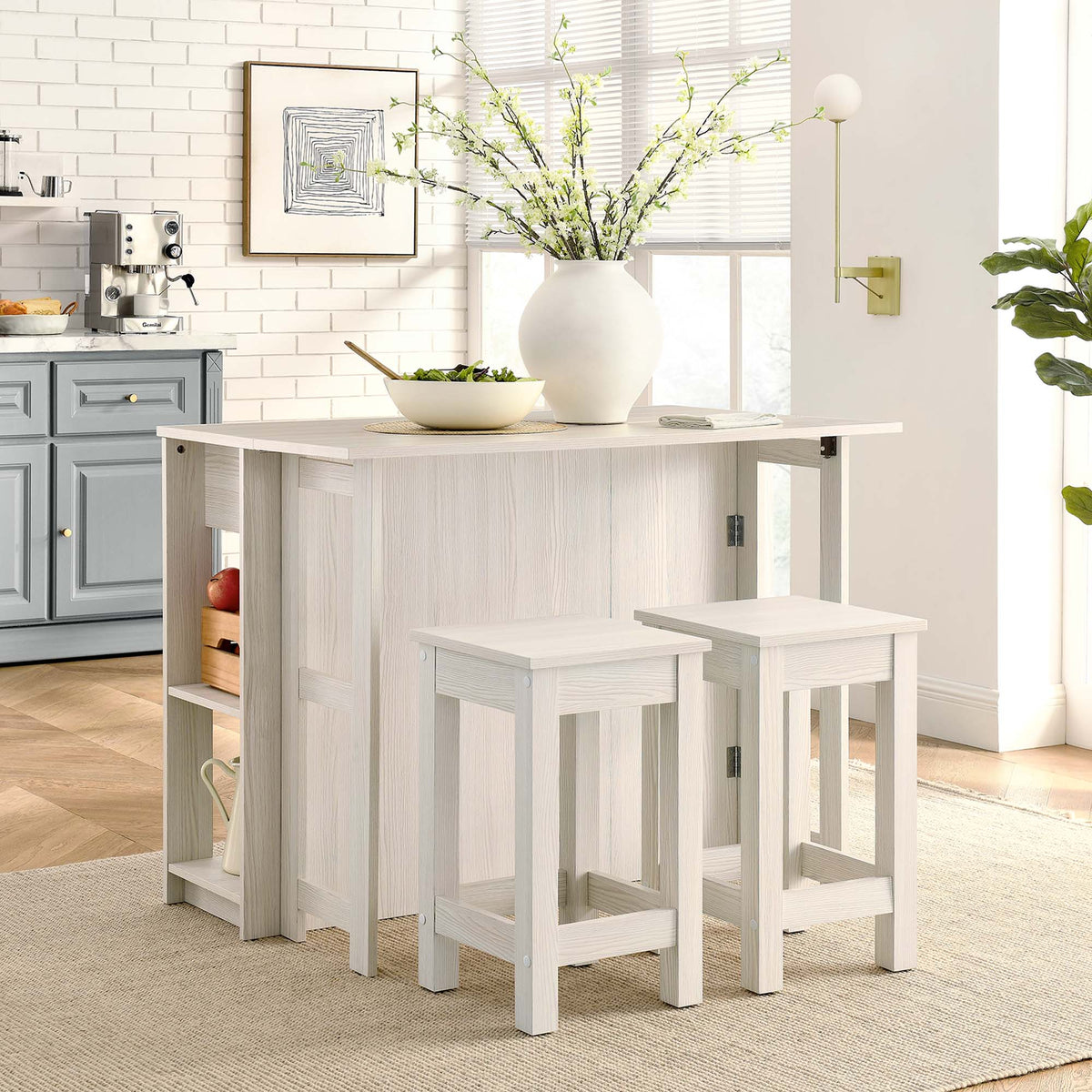 Meadowbrook 3-Piece Kitchen Island and Stool Set - White Maple