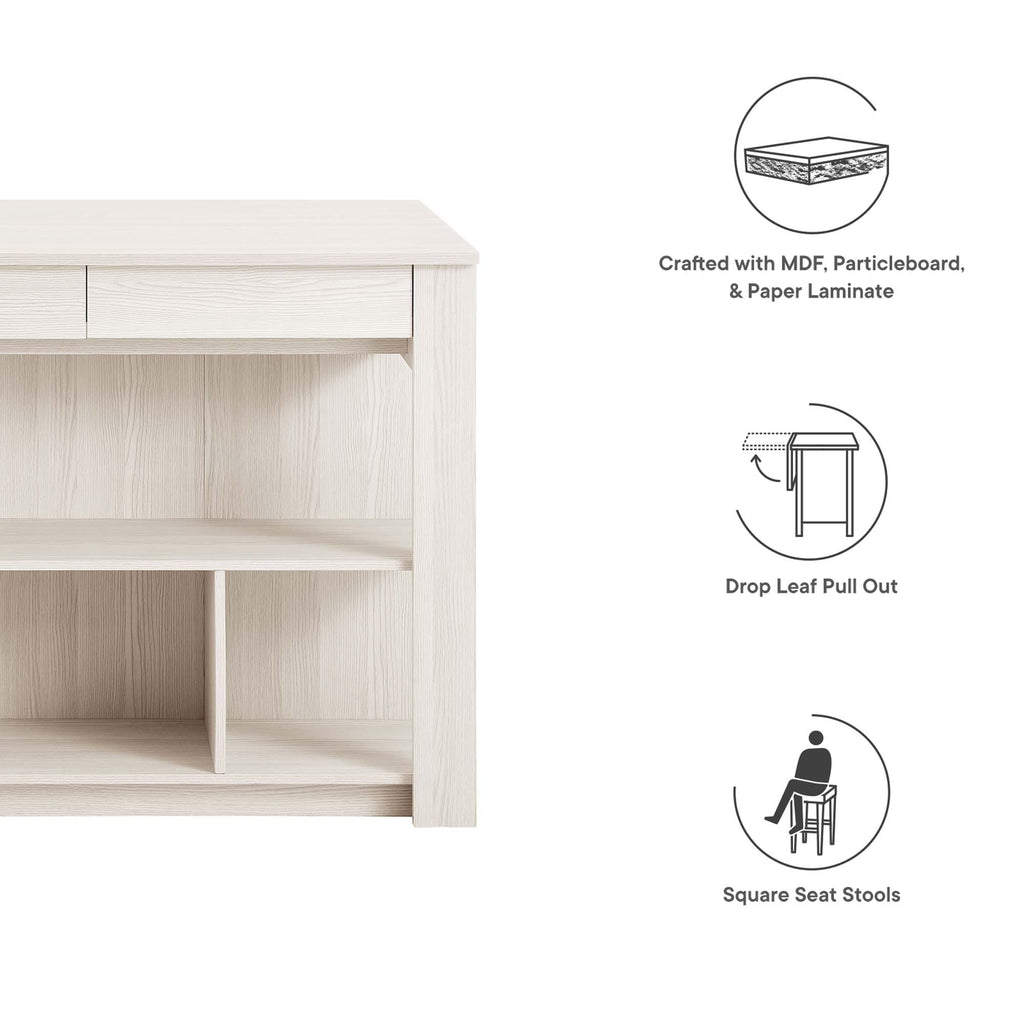 Meadowbrook 3-Piece Kitchen Island and Stool Set - White Maple