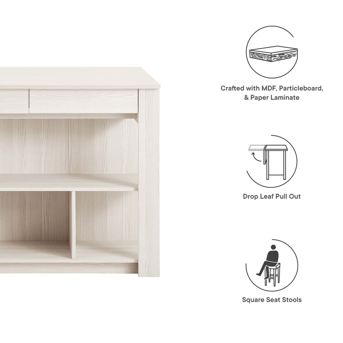 Meadowbrook 3-Piece Kitchen Island and Stool Set - White Maple
