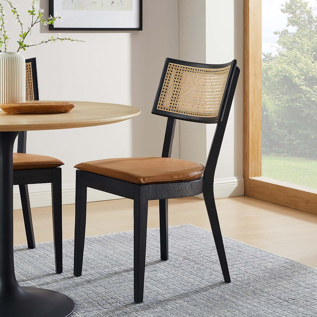 Caledonia Vegan Leather Upholstered Wood Dining Chairs Set of 2 - Black Tan
