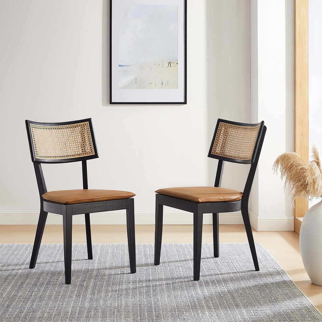 Caledonia Vegan Leather Upholstered Wood Dining Chairs Set of 2 - Black Tan