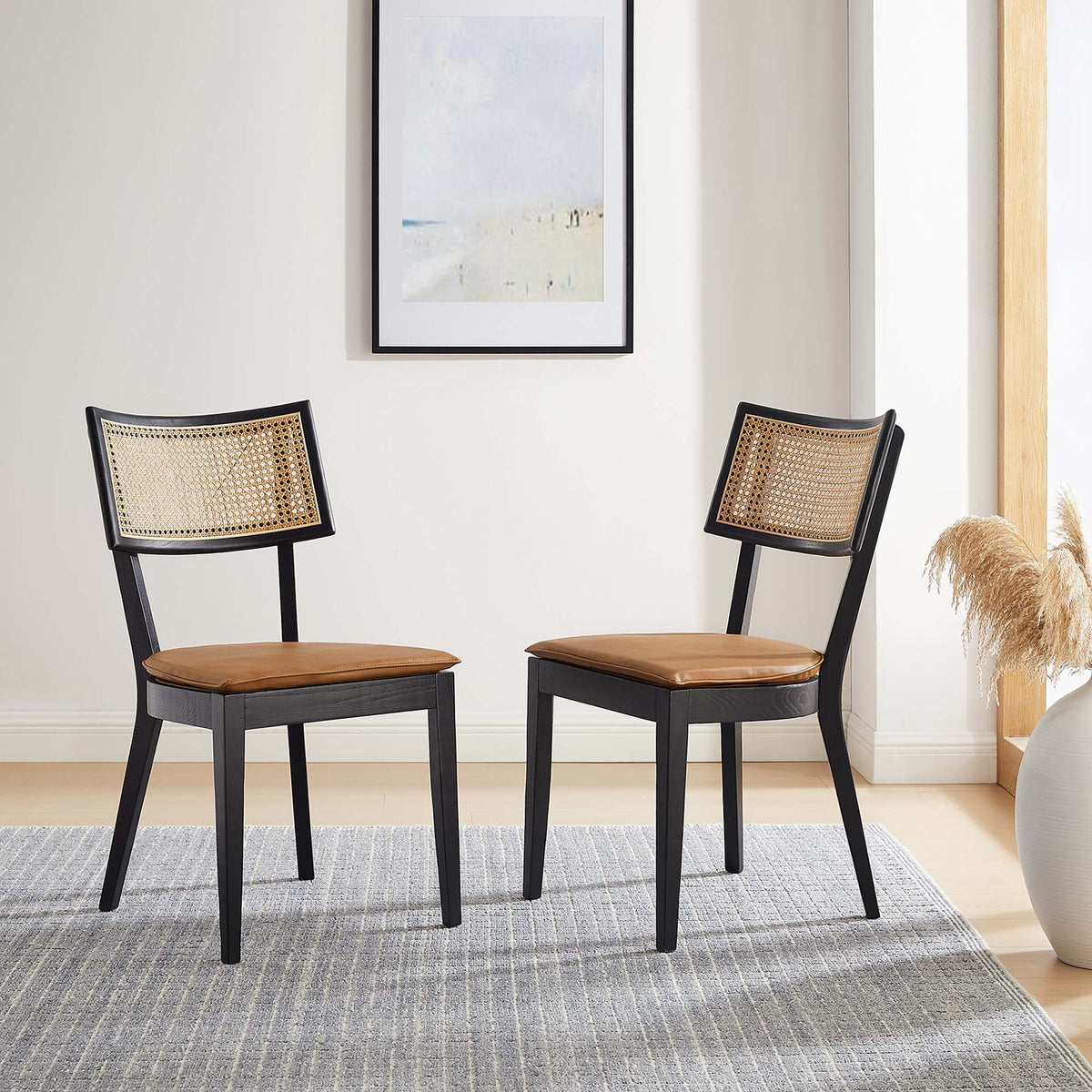 Caledonia Vegan Leather Upholstered Wood Dining Chairs Set of 2 - Black Tan