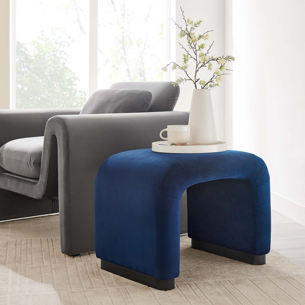 Koda Performance Velvet Waterfall Stool - Black Midnight Blue