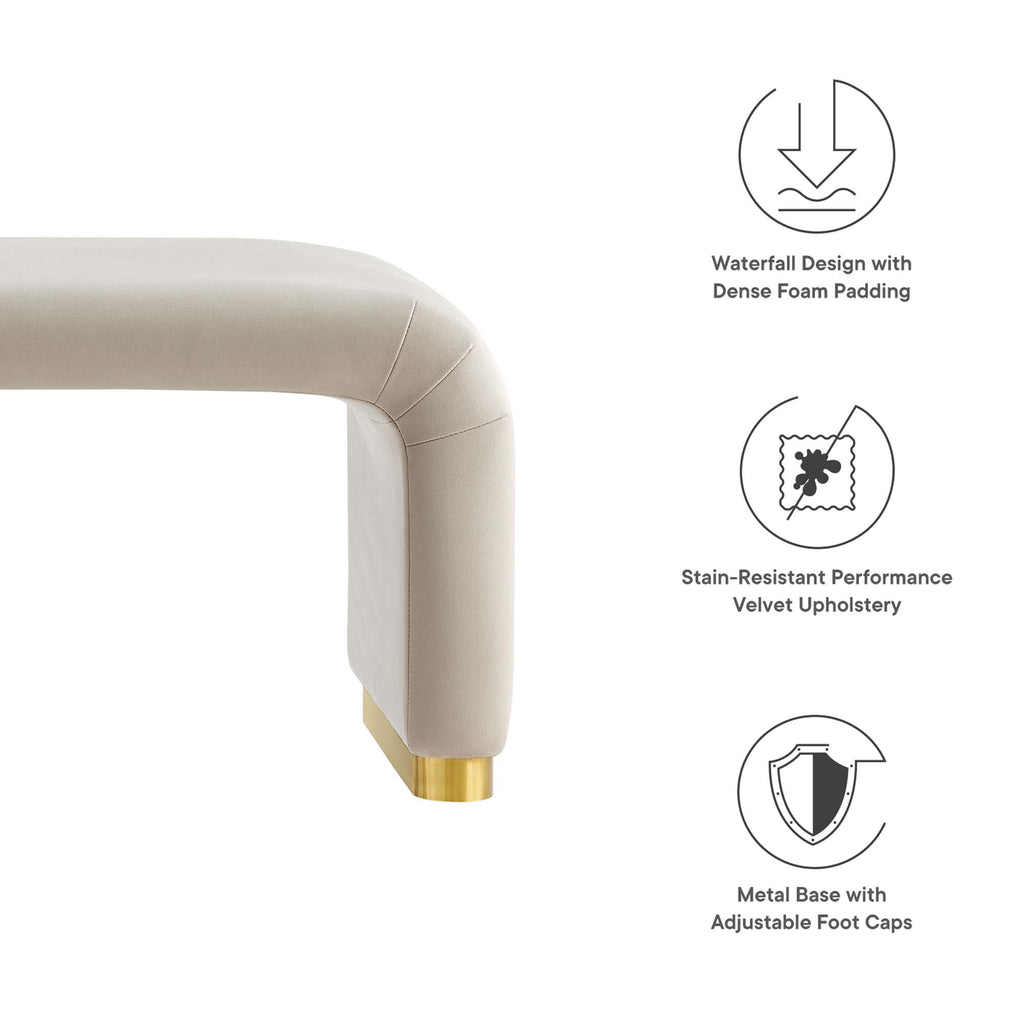 Koda Performance Velvet Waterfall Long Bench - Brass Almond