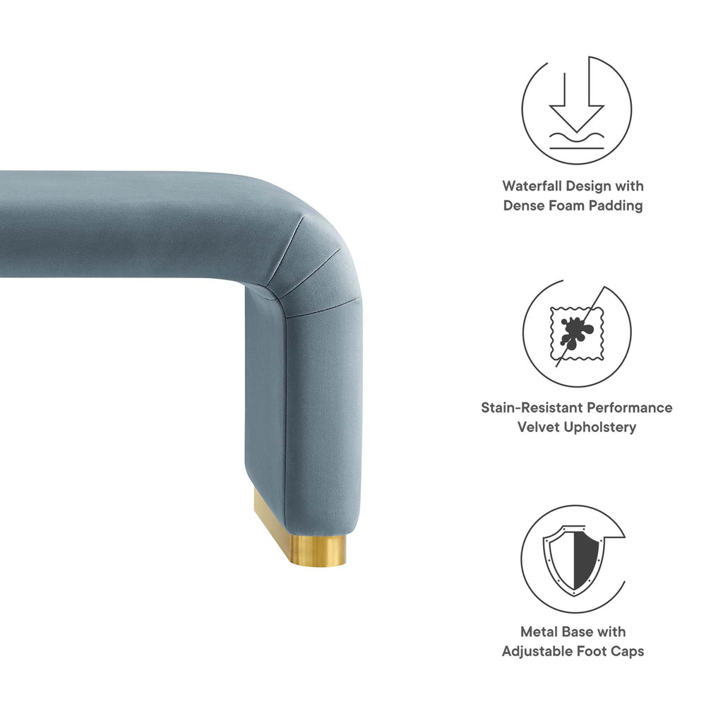 Koda Performance Velvet Waterfall Long Bench - Brass Cadet Blue