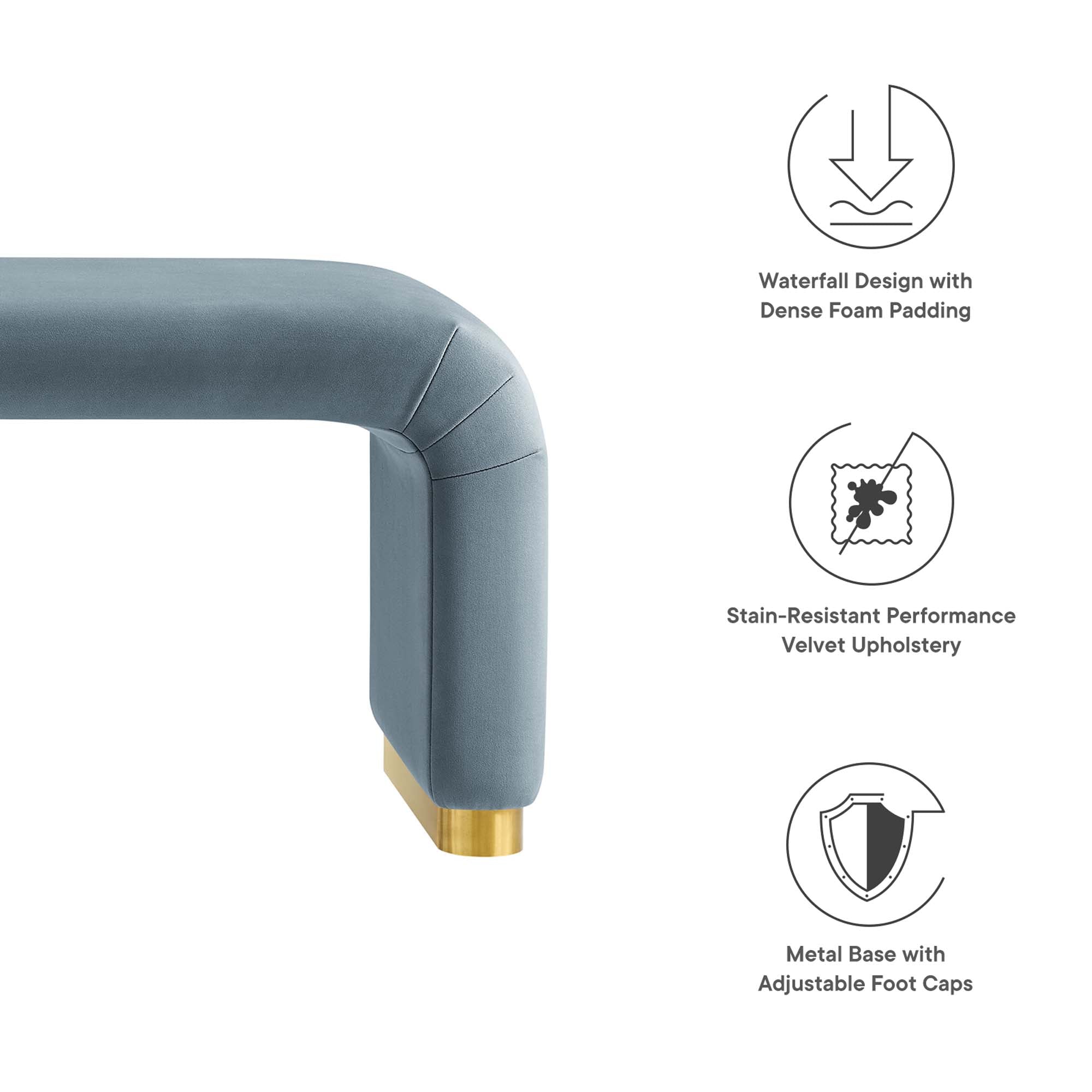 Koda Performance Velvet Waterfall Long Bench - Brass Cadet Blue