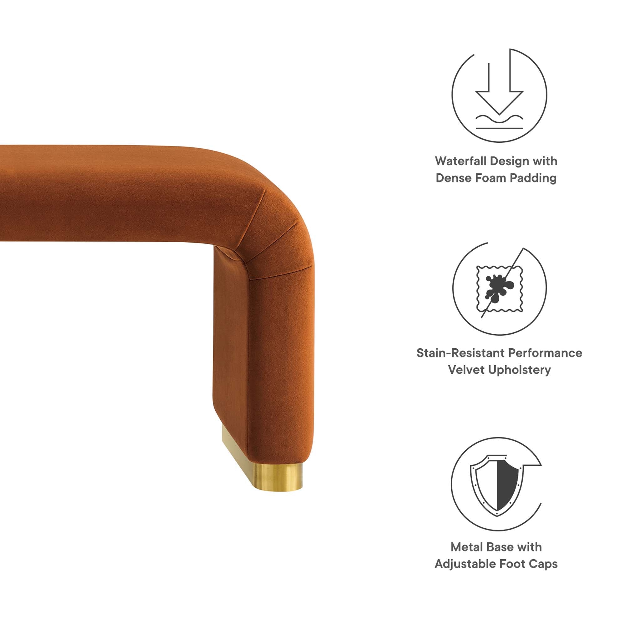 Koda Performance Velvet Waterfall Long Bench - Brass Rust