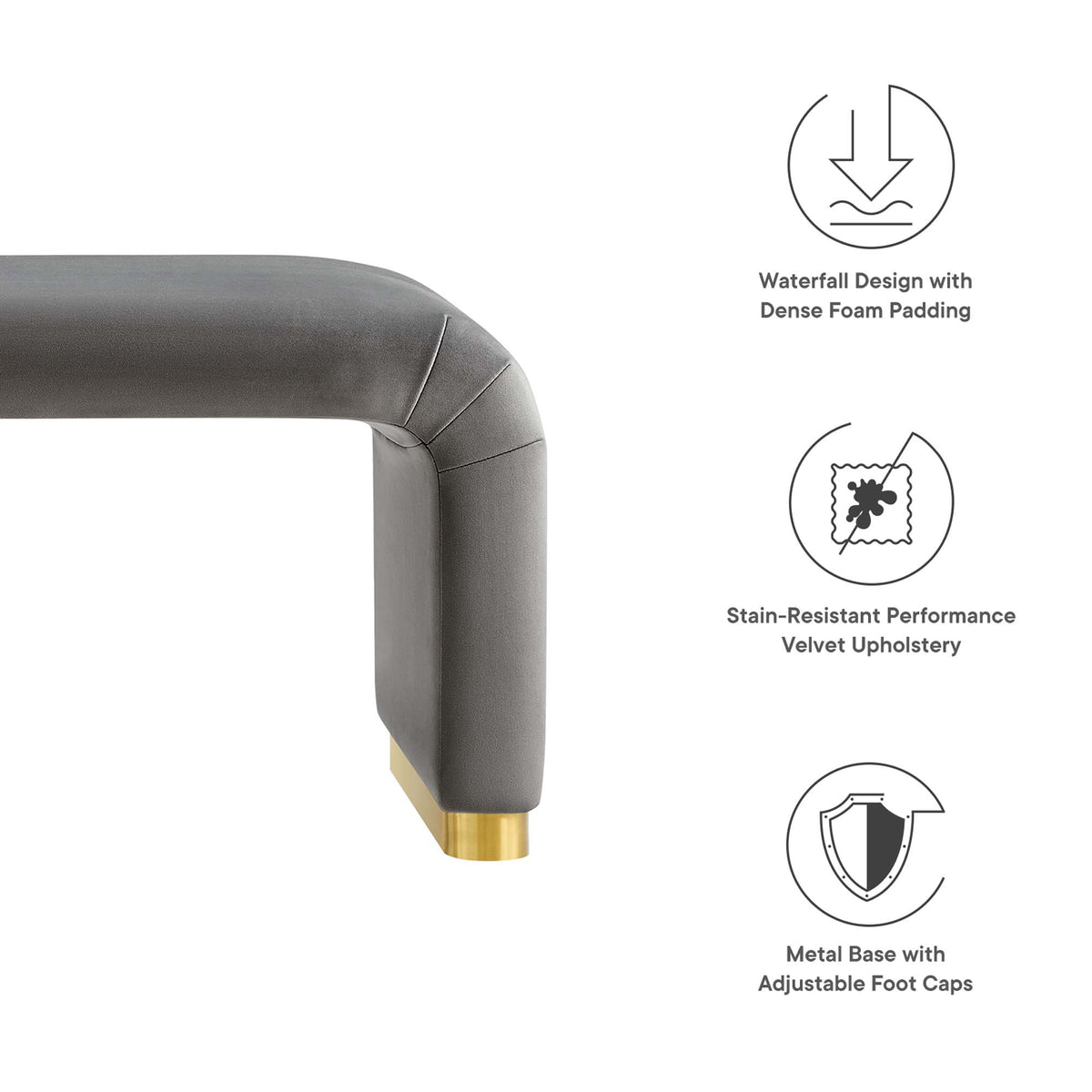 Koda Performance Velvet Waterfall Long Bench - Brass Storm Gray