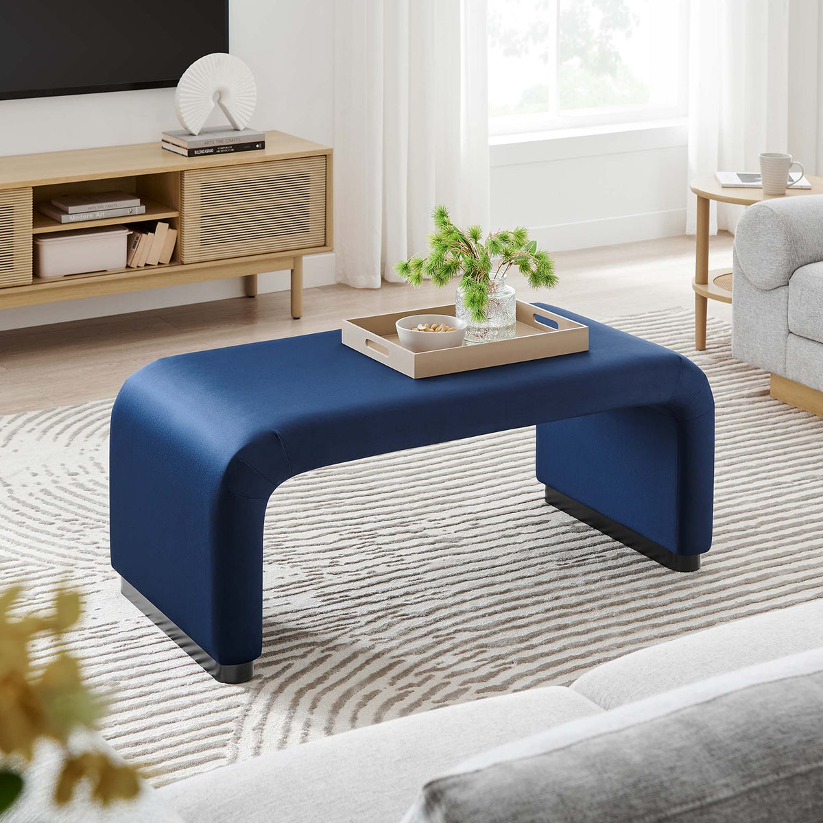Koda Performance Velvet Waterfall Ottoman - Black Midnight Blue