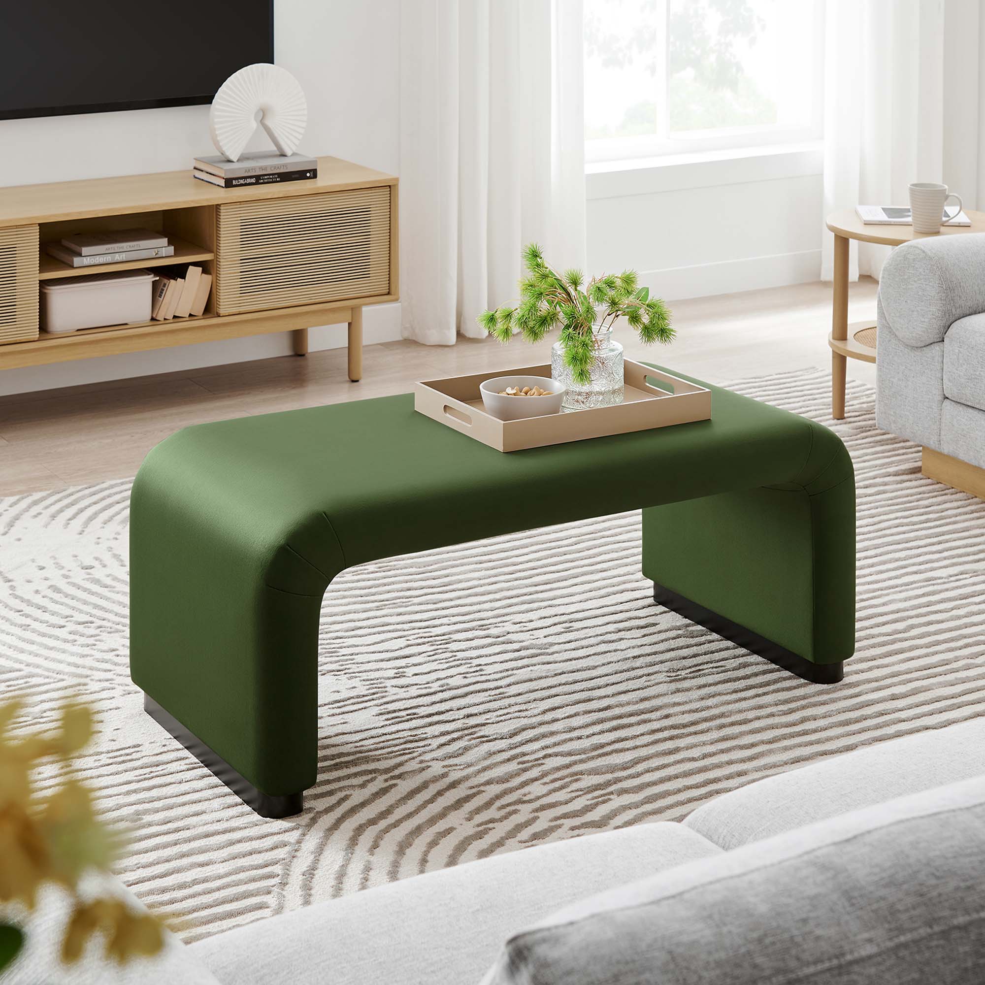 Koda Performance Velvet Waterfall Ottoman - Black Moss Green