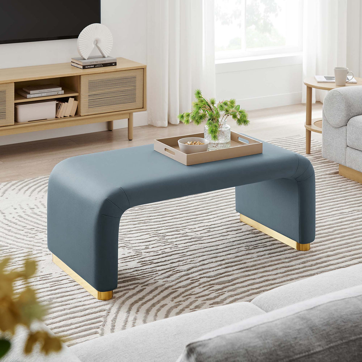 Koda Performance Velvet Waterfall Ottoman - Brass Cadet Blue