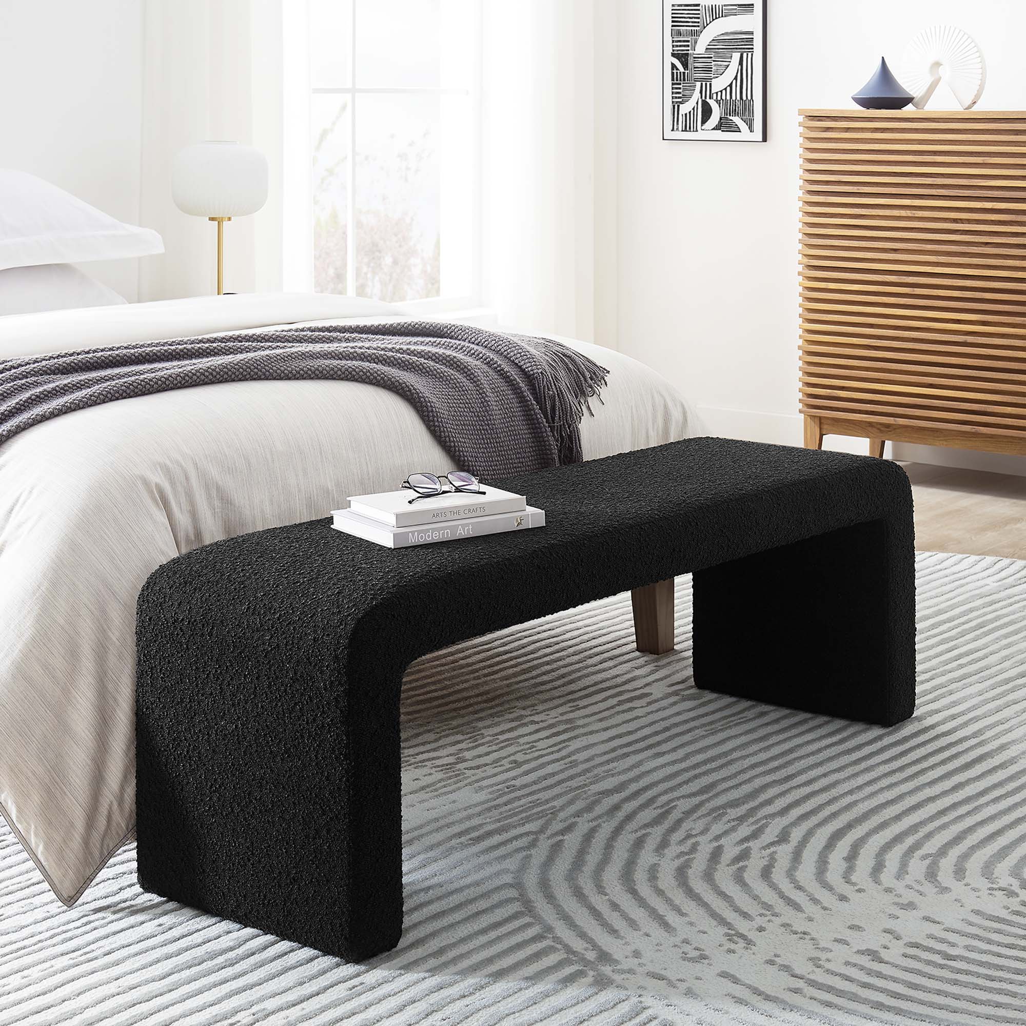 Simba Boucle Fabric Waterfall Long Bench - Black