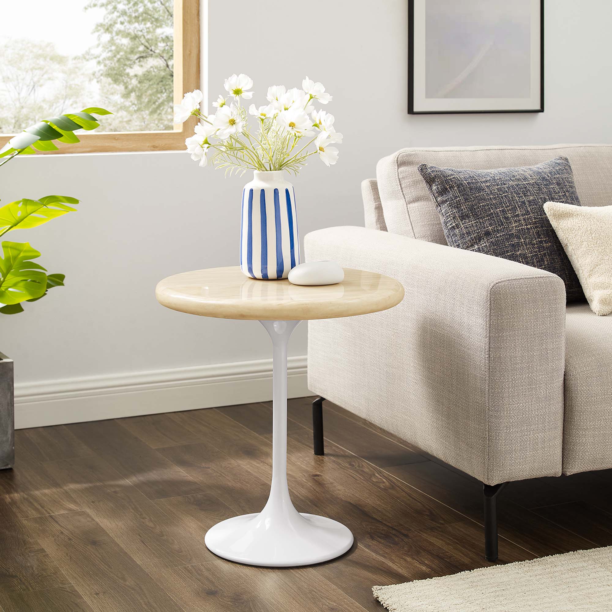 Lippa 20" Round Faux Travertine Side Table - White Travertine