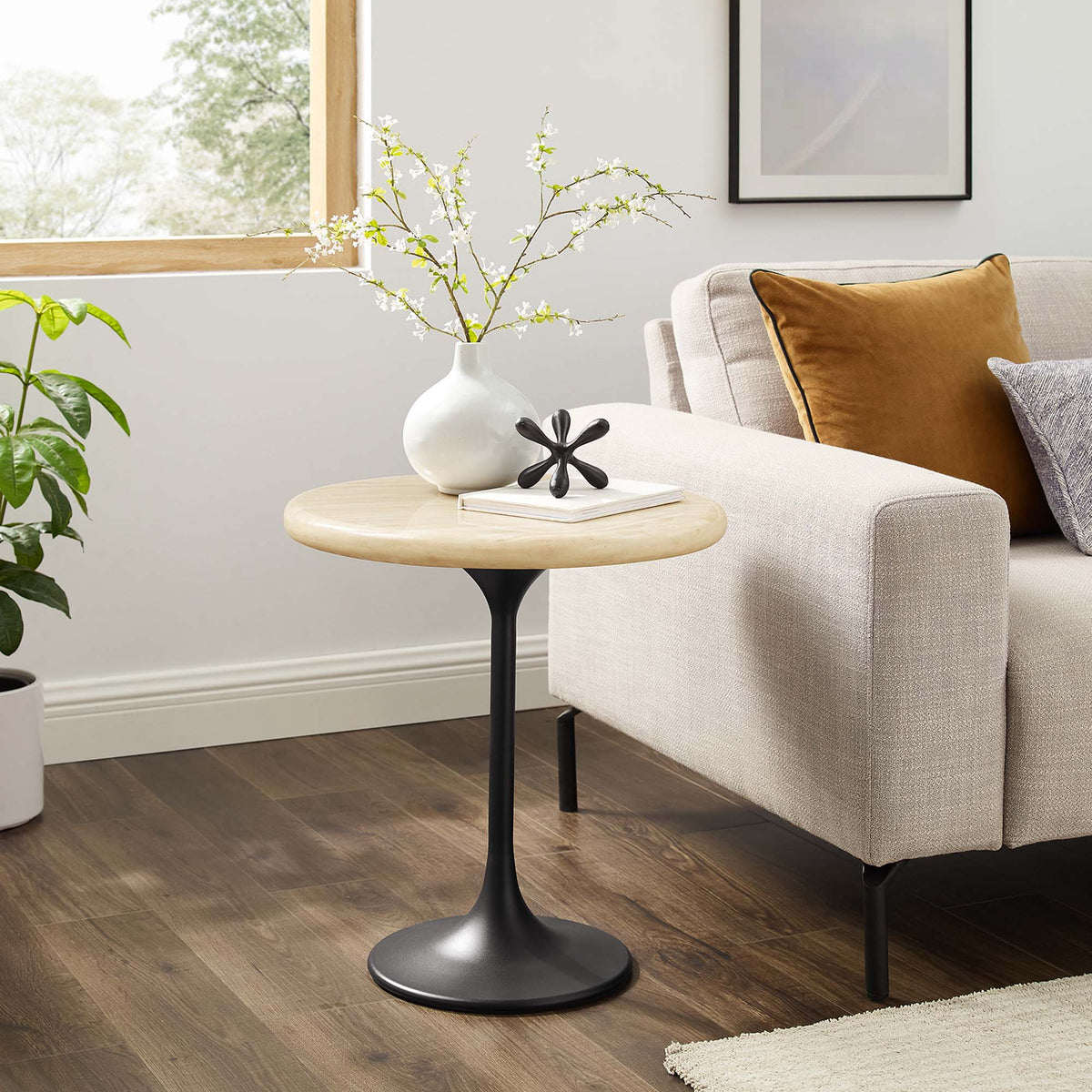 Lippa 20" Round Faux Travertine Side Table - Black Travertine