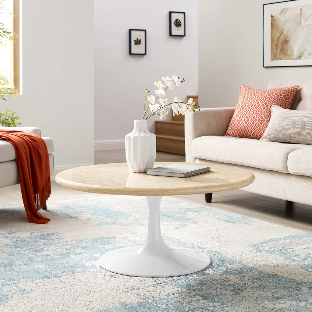 Lippa 36" Round Faux Travertine Coffee Table - White Travertine
