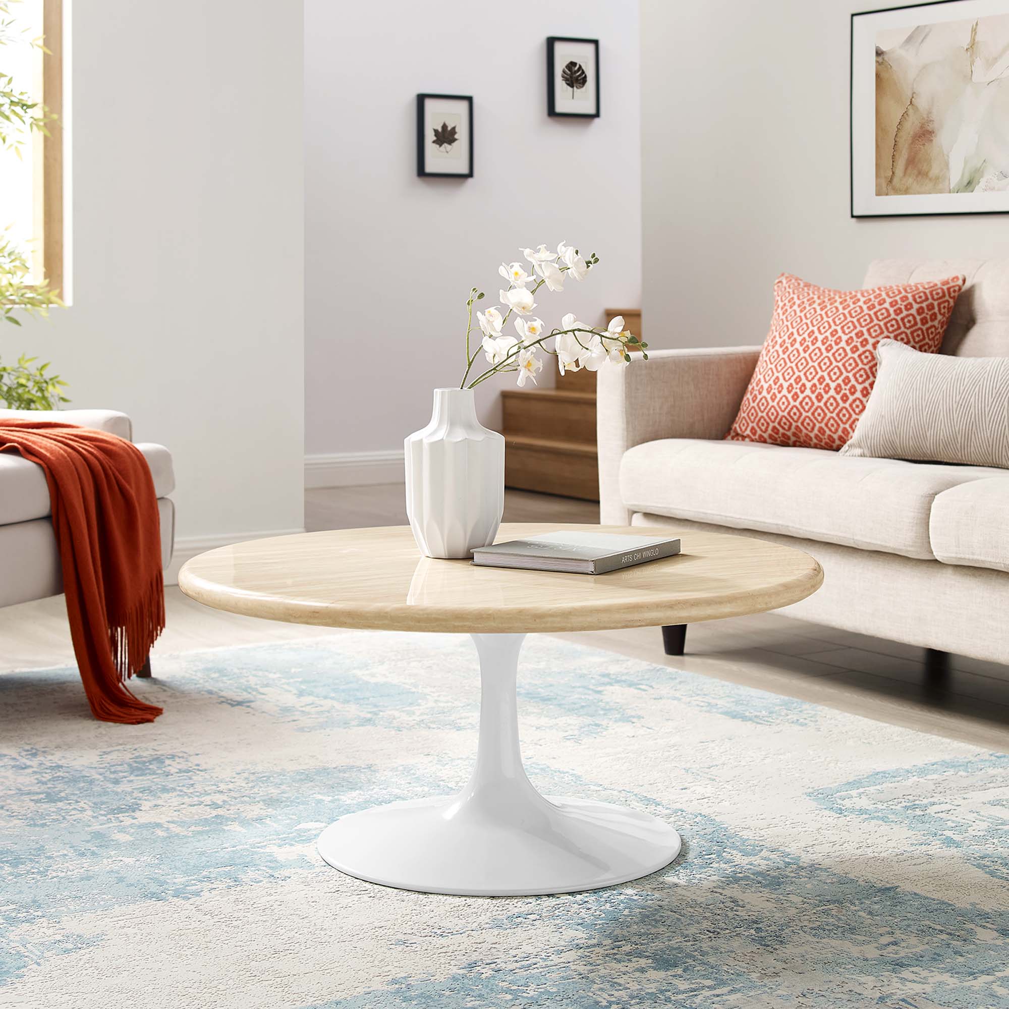Lippa 36" Round Faux Travertine Coffee Table - White Travertine