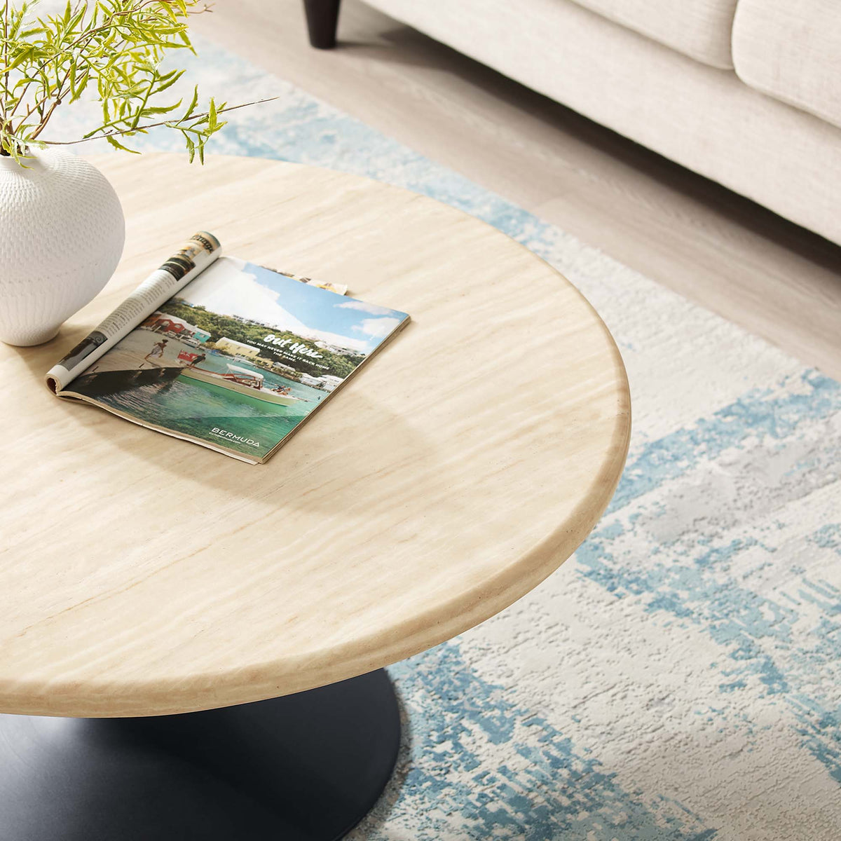 Lippa 36" Round Faux Travertine Coffee Table - Black Travertine