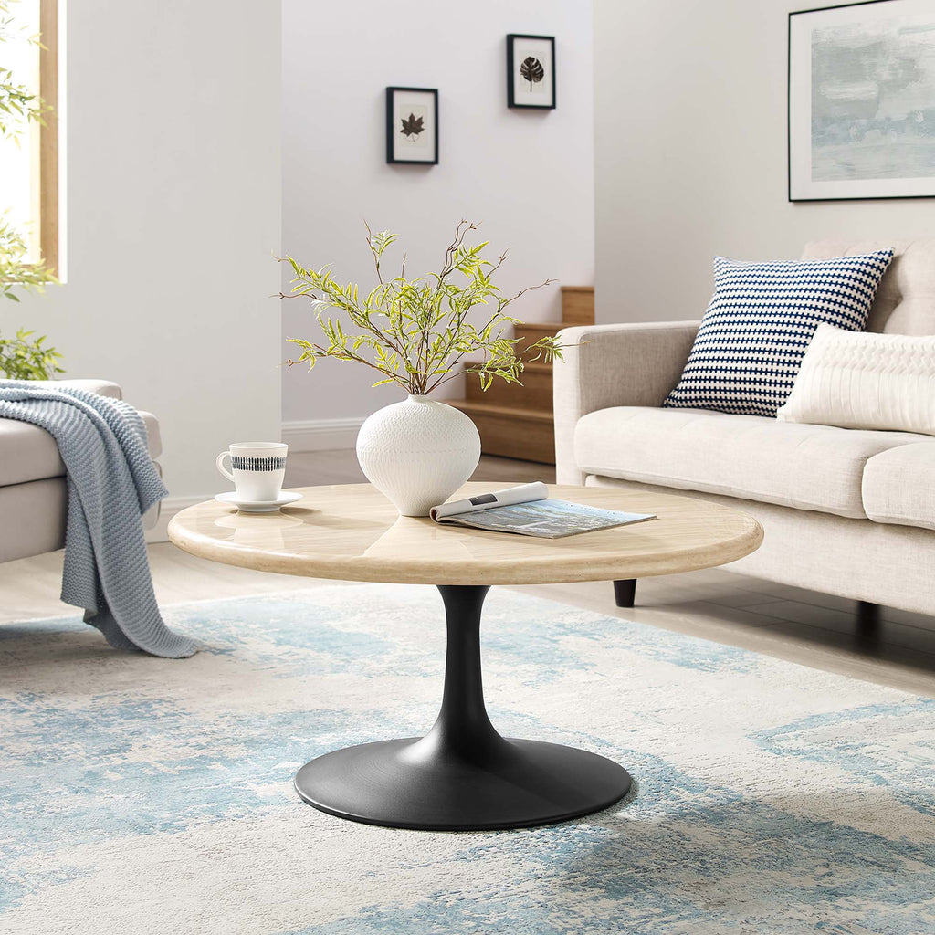 Lippa 36" Round Faux Travertine Coffee Table - Black Travertine