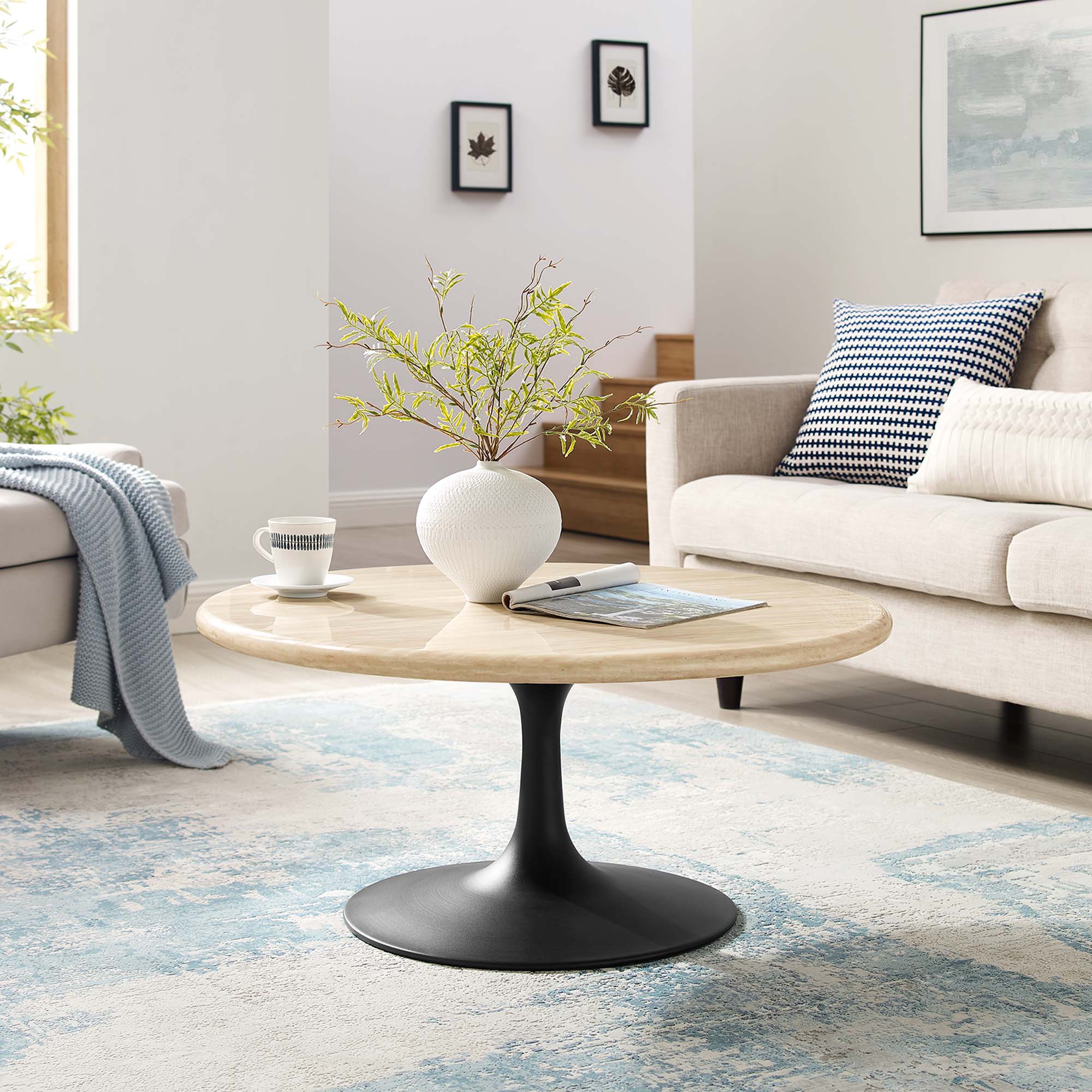 Lippa 36" Round Faux Travertine Coffee Table - Black Travertine