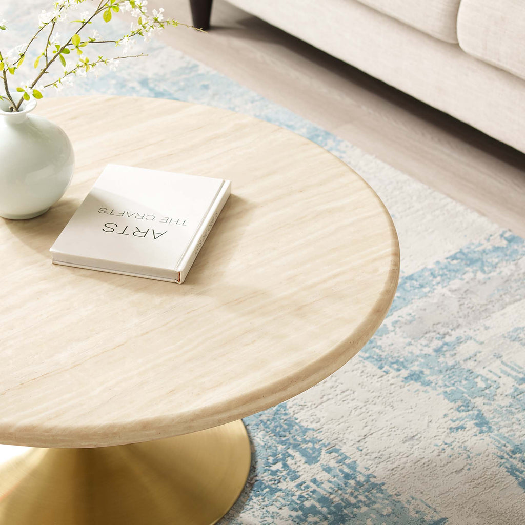 Lippa 36" Round Faux Travertine Coffee Table - Gold Travertine