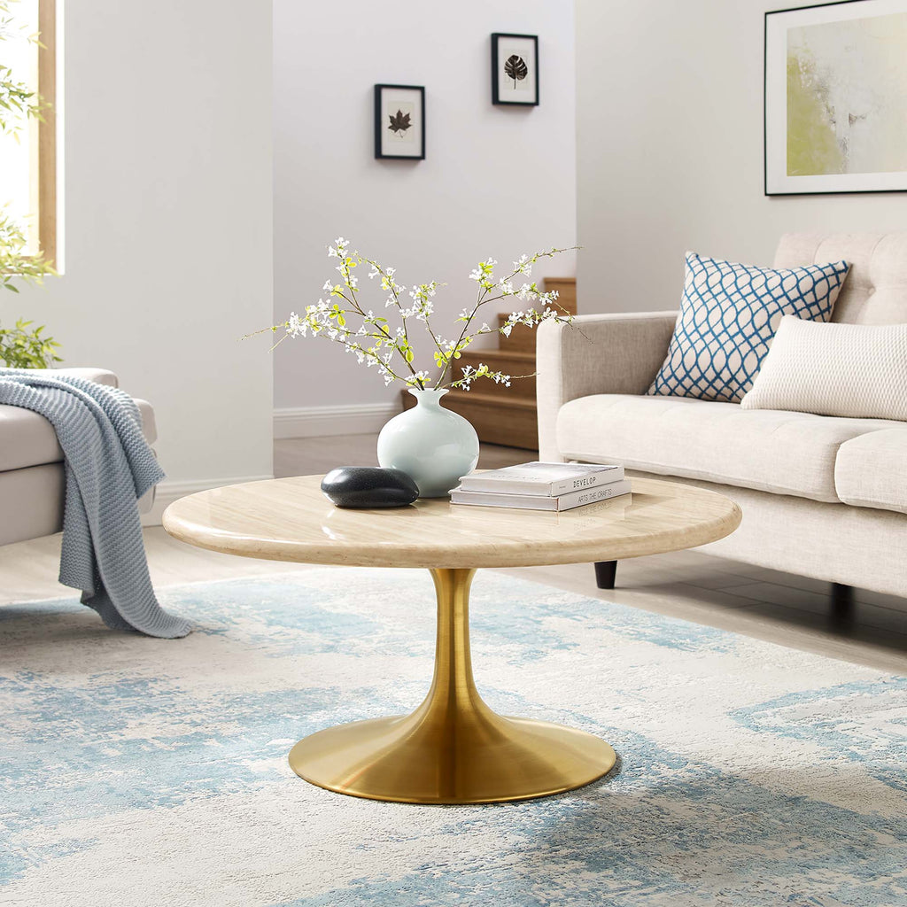 Lippa 36" Round Faux Travertine Coffee Table - Gold Travertine