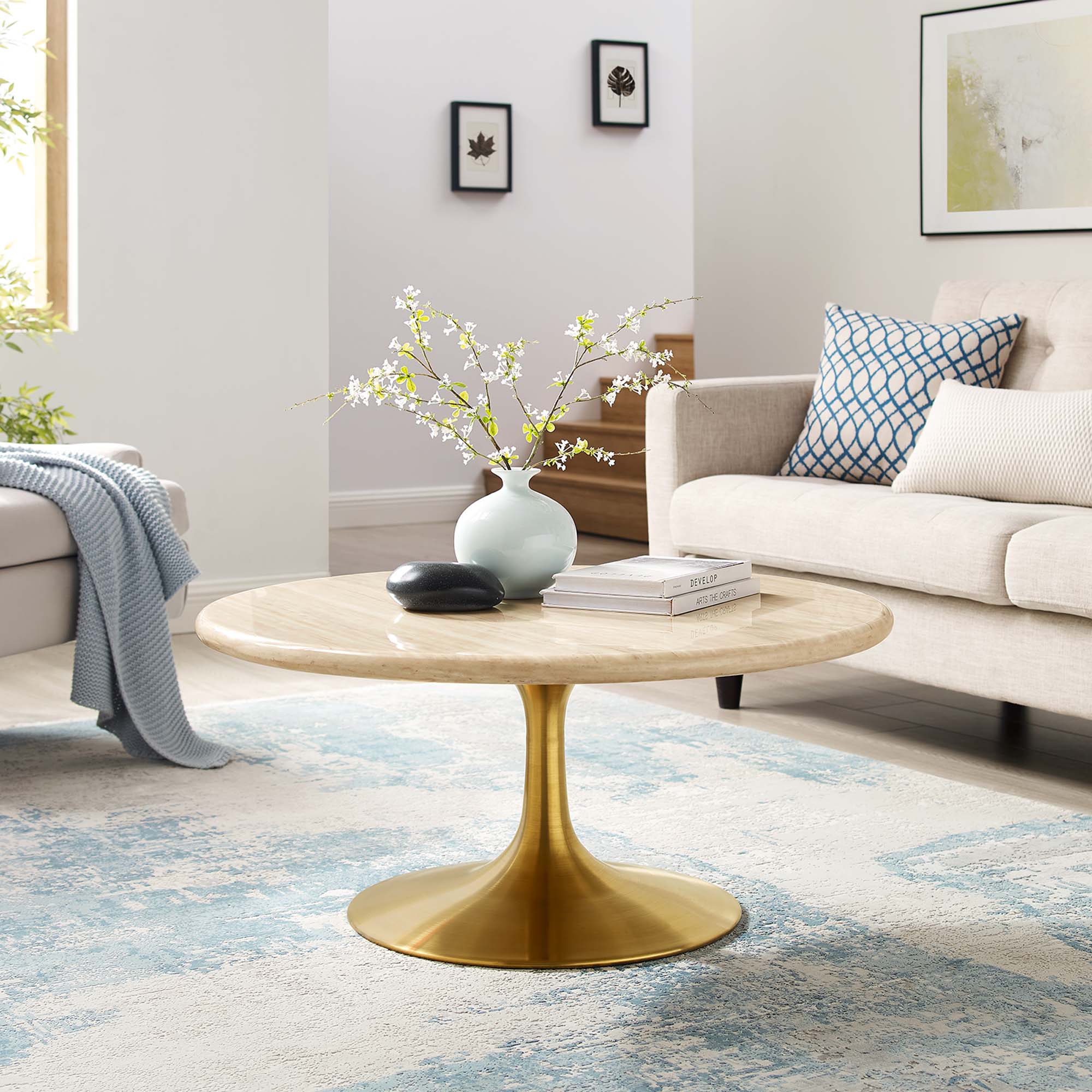 Lippa 36" Round Faux Travertine Coffee Table - Gold Travertine