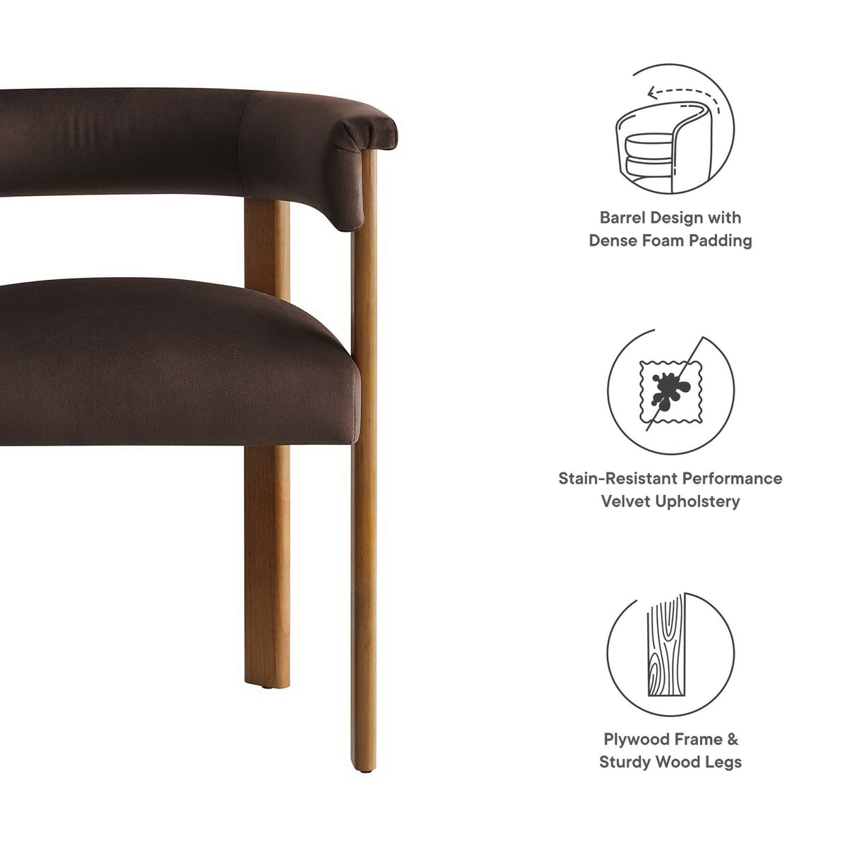 Imogen Performance Velvet Barrel Dining Chairs Set of 2 - Chocolate Brown Deep Brown