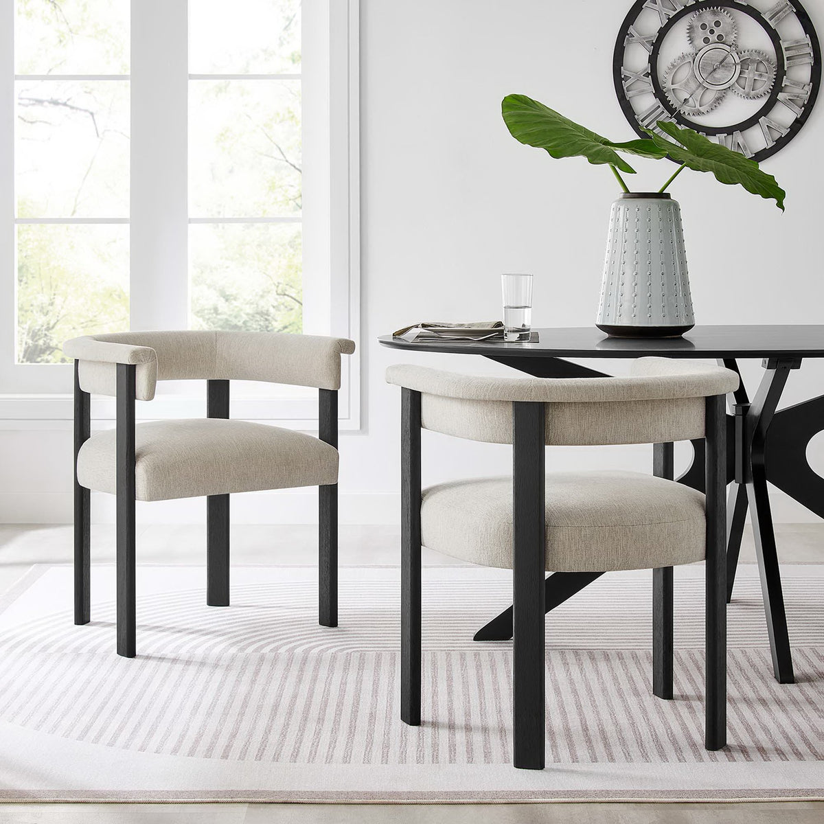 Imogen Fabric Upholstered Barrel Dining Chairs Set of 2 - Heathered Weave Ivory Black