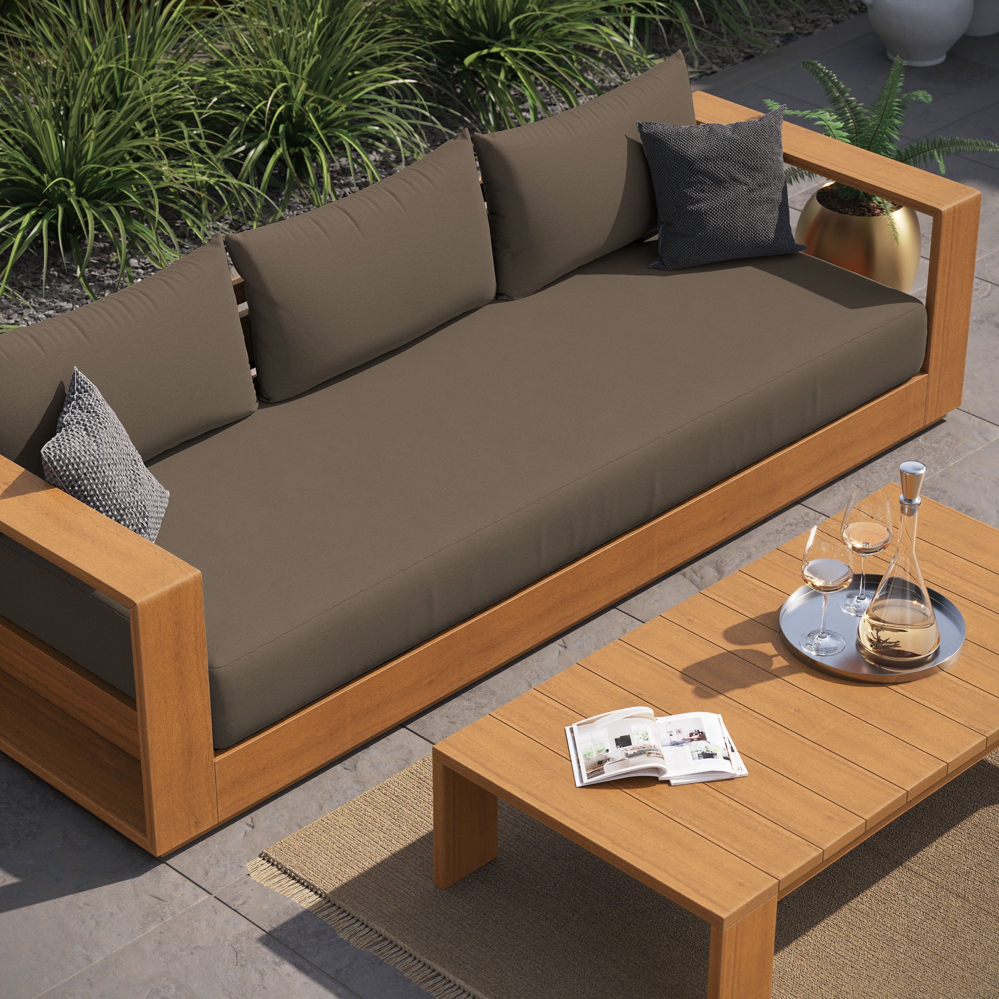 Tahoe 2-Piece Outdoor Patio Acacia Wood Sofa and Coffee Table Set - Natural Cocoa