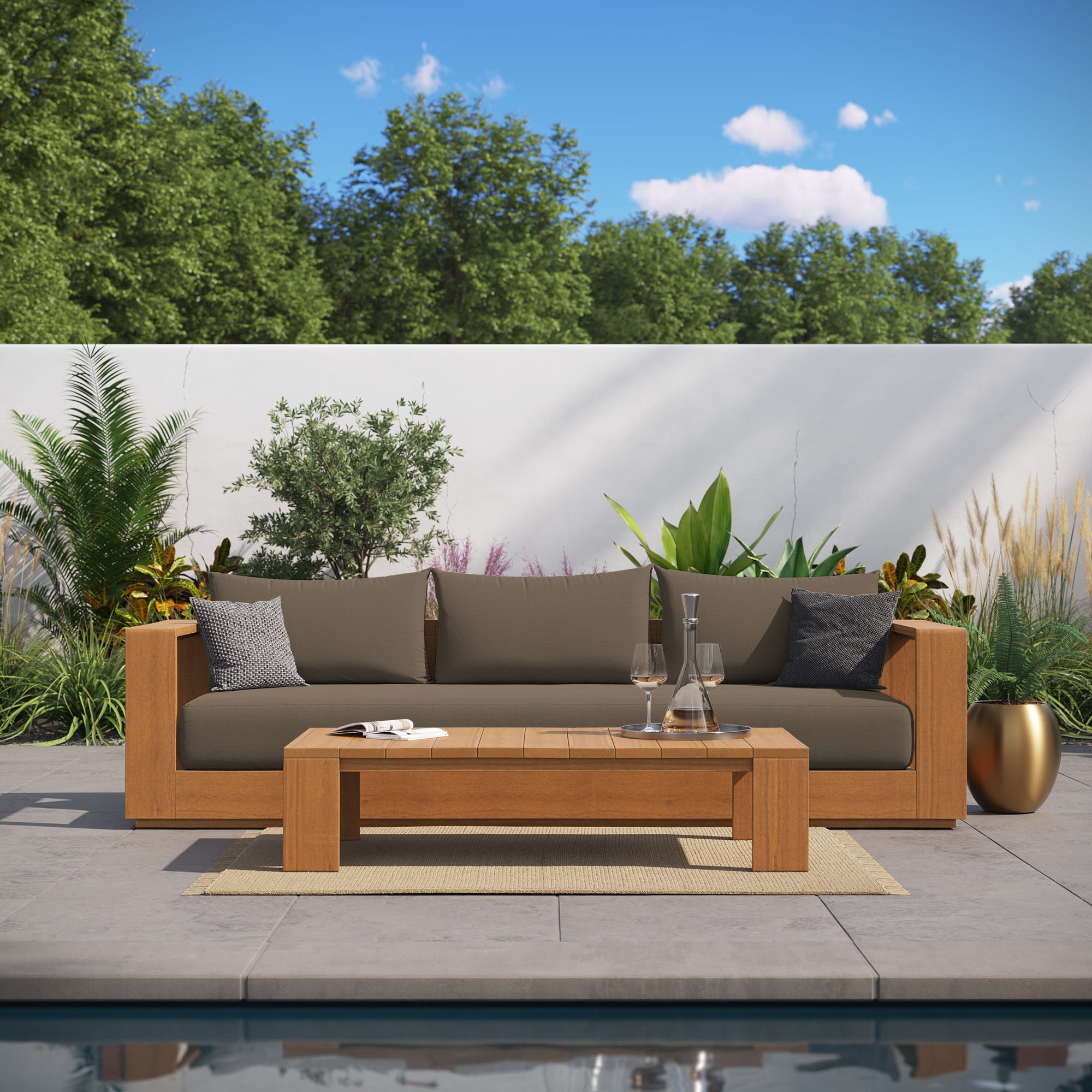Tahoe 2-Piece Outdoor Patio Acacia Wood Sofa and Coffee Table Set - Natural Cocoa