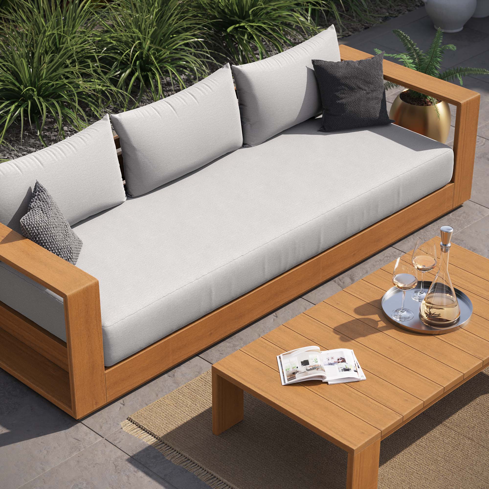 Tahoe 2-Piece Outdoor Patio Acacia Wood Sofa and Coffee Table Set - Natural Light Gray