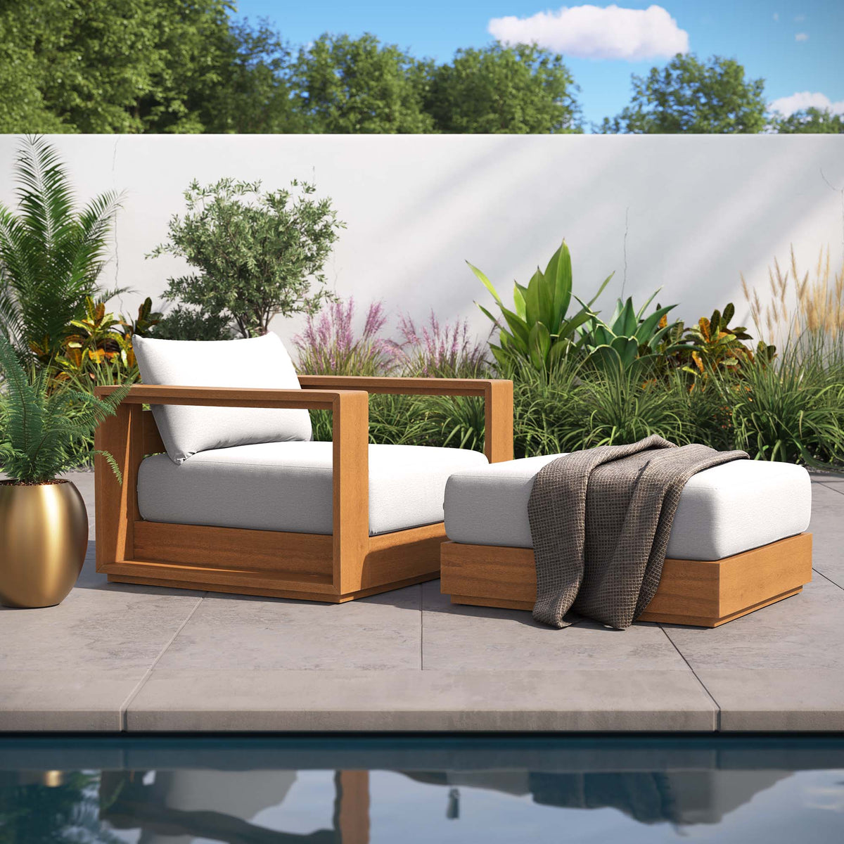 Tahoe 2-Piece Outdoor Patio Acacia Wood Armchair and Ottoman Set - Natural Light Gray