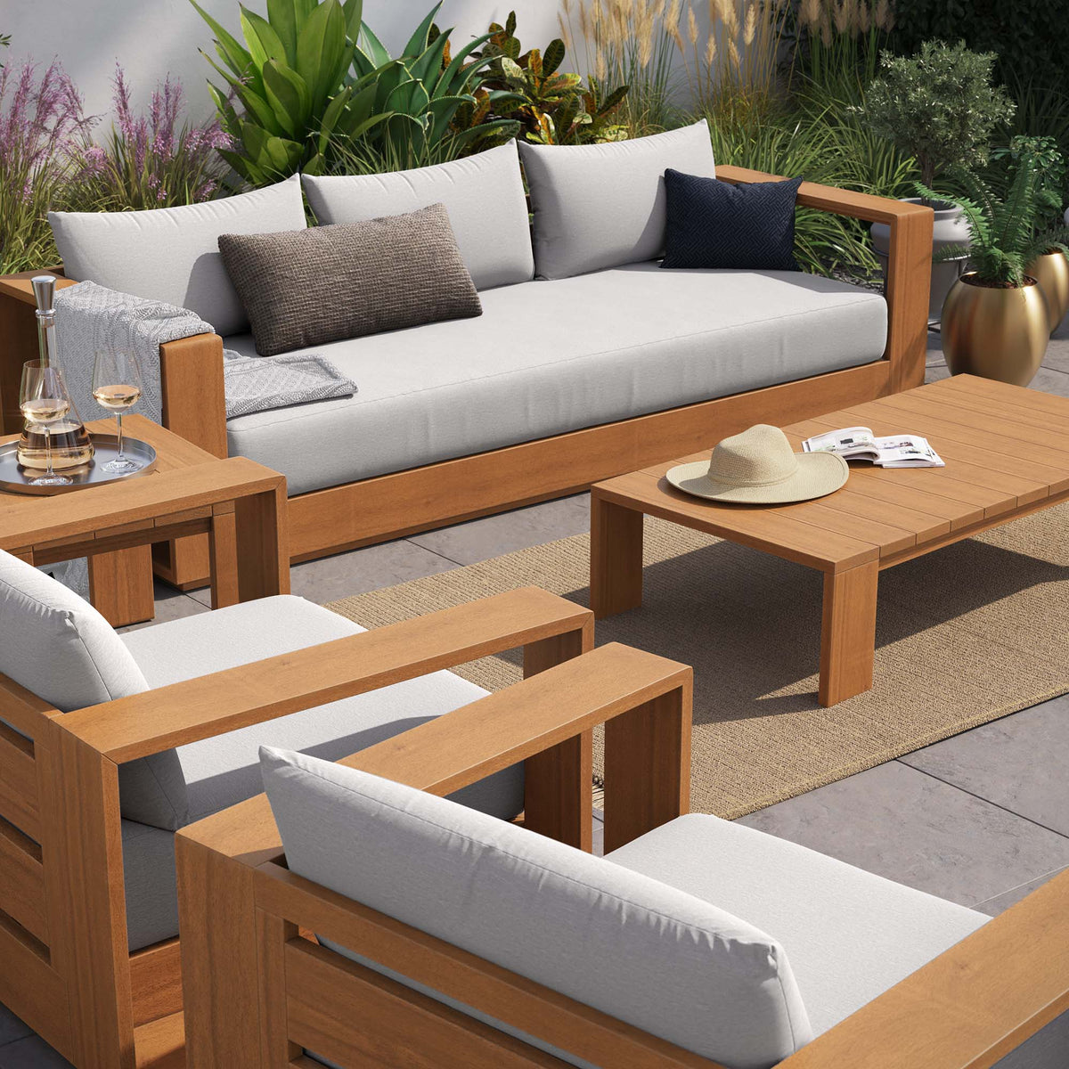 Tahoe 5-Piece Outdoor Patio Acacia Wood Furniture Set - Natural Light Gray