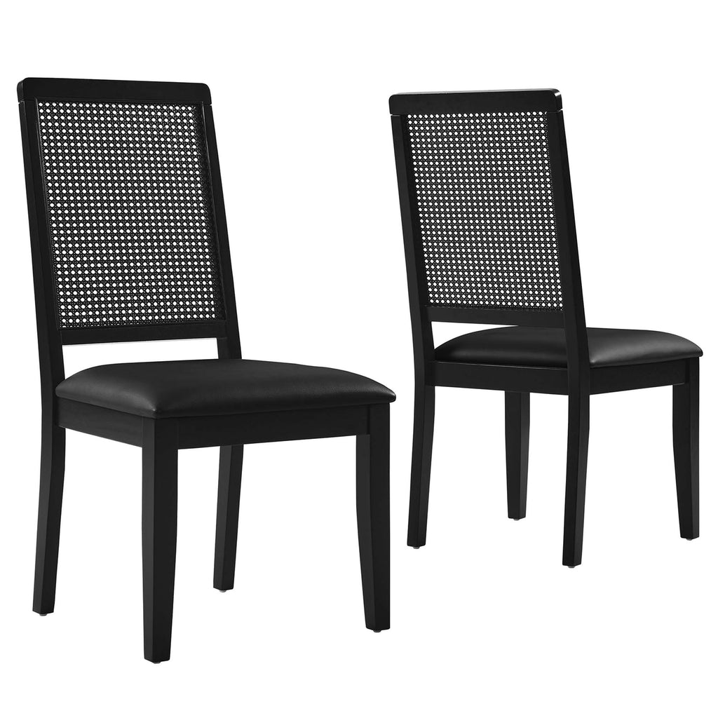 Arlo Vegan Leather Upholstered Faux Rattan and Wood Dining Side Chairs Set of 2 - Black Black
