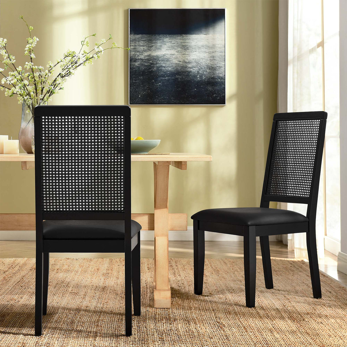 Arlo Vegan Leather Upholstered Faux Rattan and Wood Dining Side Chairs Set of 2 - Black Black