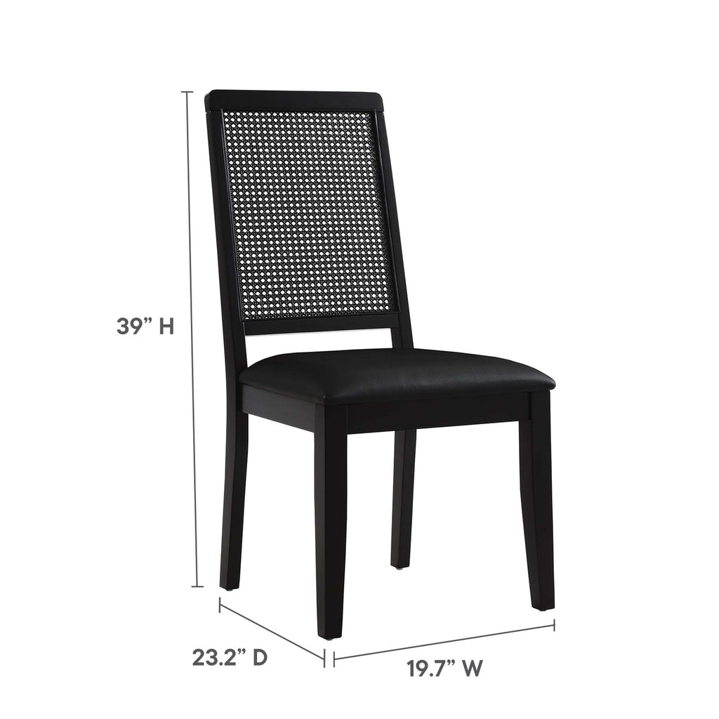 Arlo Vegan Leather Upholstered Faux Rattan and Wood Dining Side Chairs Set of 2 - Black Black