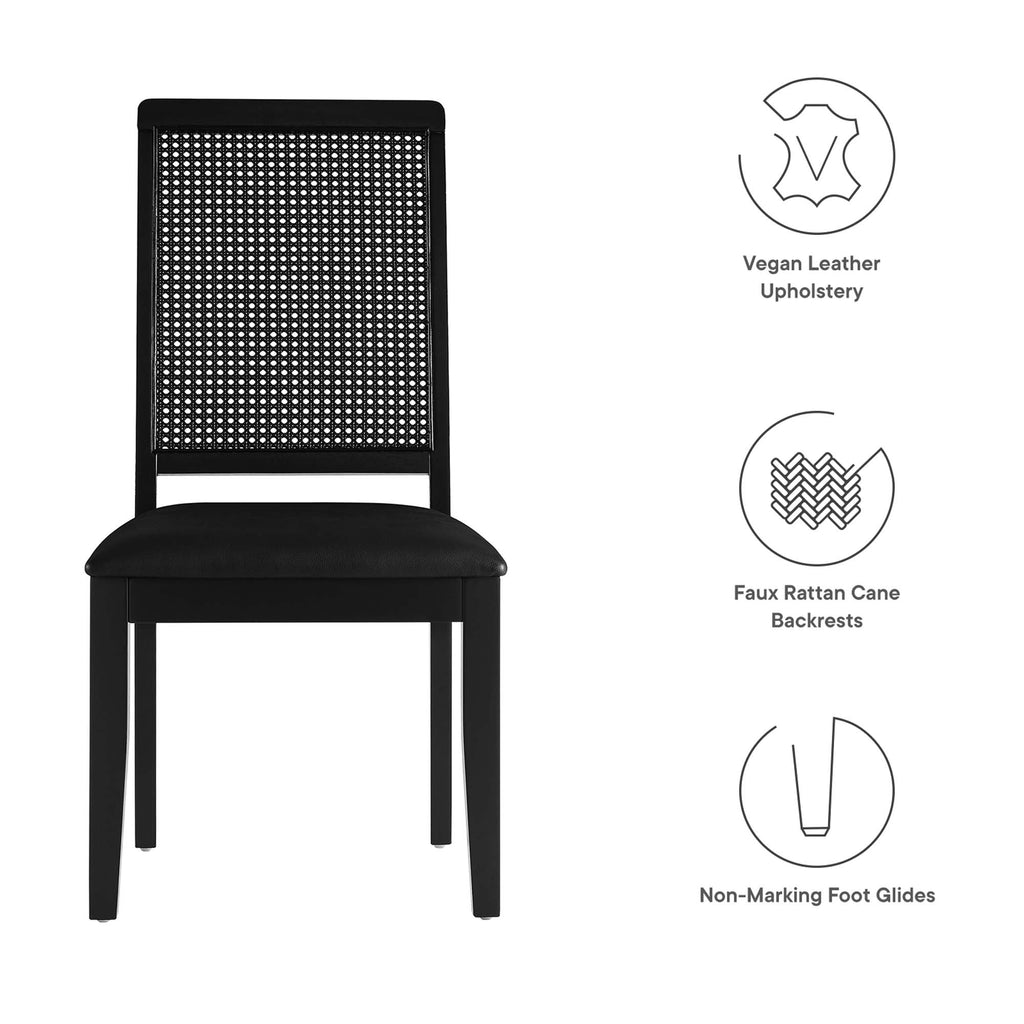 Arlo Vegan Leather Upholstered Faux Rattan and Wood Dining Side Chairs Set of 2 - Black Black