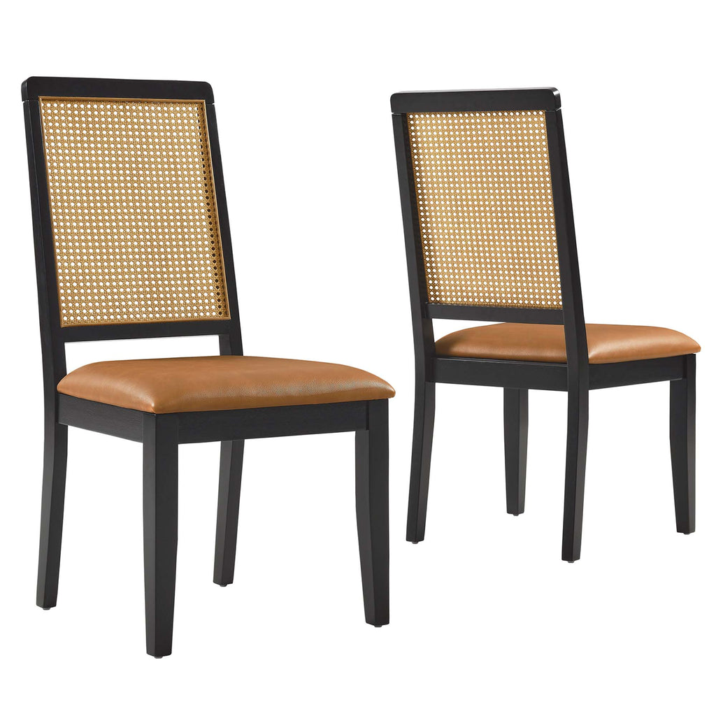 Arlo Vegan Leather Upholstered Faux Rattan and Wood Dining Side Chairs Set of 2 - Black Natural Tan