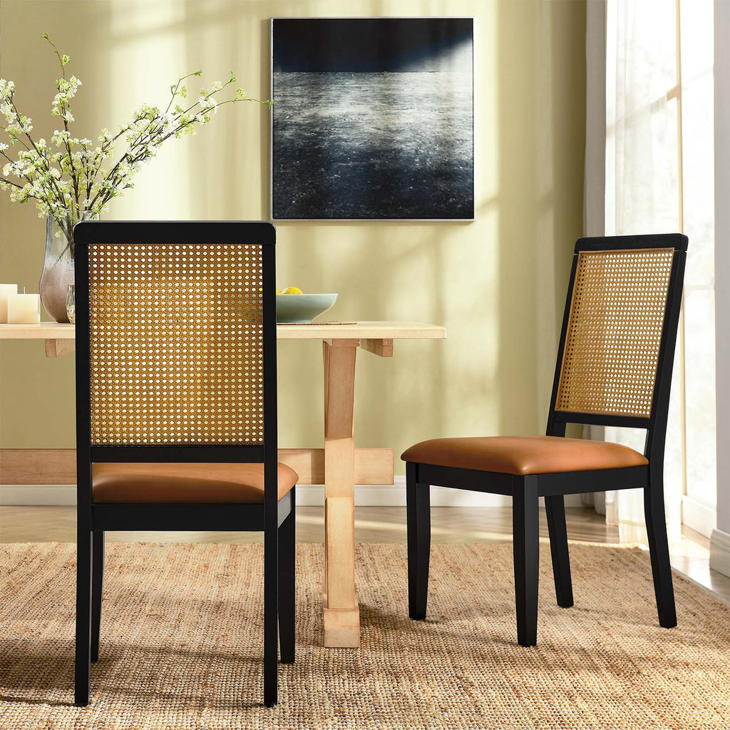 Arlo Vegan Leather Upholstered Faux Rattan and Wood Dining Side Chairs Set of 2 - Black Natural Tan