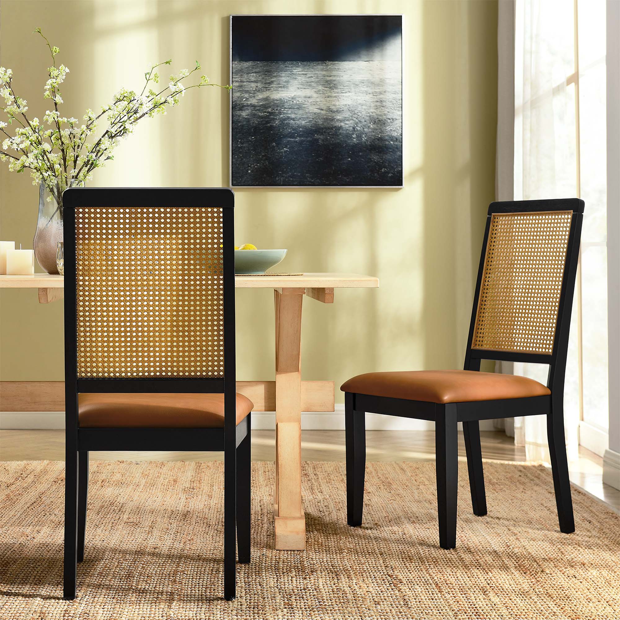 Arlo Vegan Leather Upholstered Faux Rattan and Wood Dining Side Chairs Set of 2 - Black Natural Tan