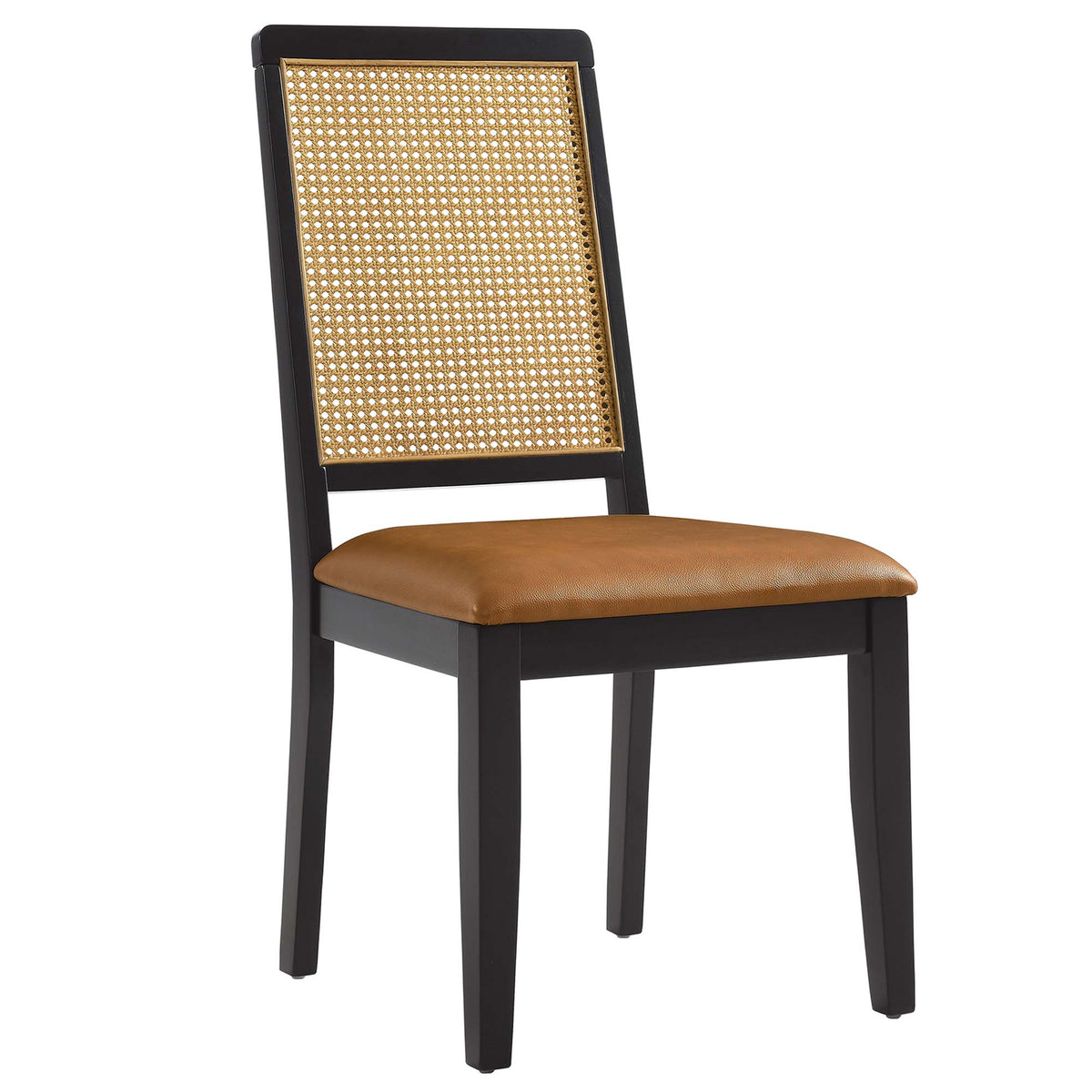 Arlo Vegan Leather Upholstered Faux Rattan and Wood Dining Side Chairs Set of 2 - Black Natural Tan