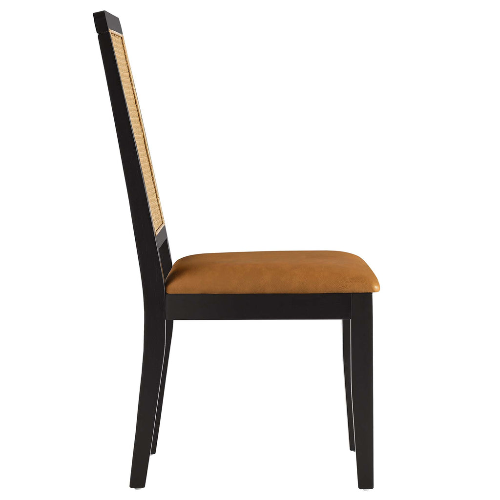 Arlo Vegan Leather Upholstered Faux Rattan and Wood Dining Side Chairs Set of 2 - Black Natural Tan