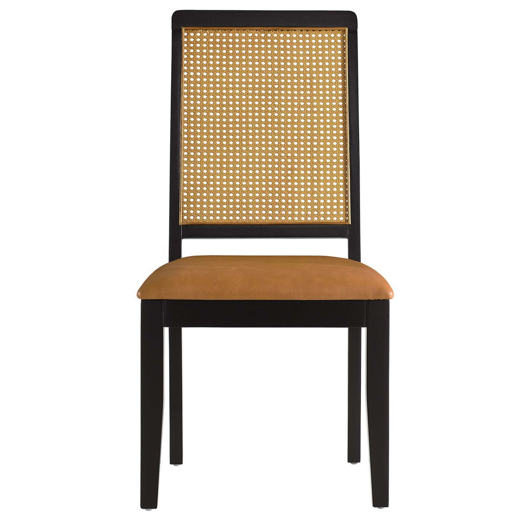 Arlo Vegan Leather Upholstered Faux Rattan and Wood Dining Side Chairs Set of 2 - Black Natural Tan