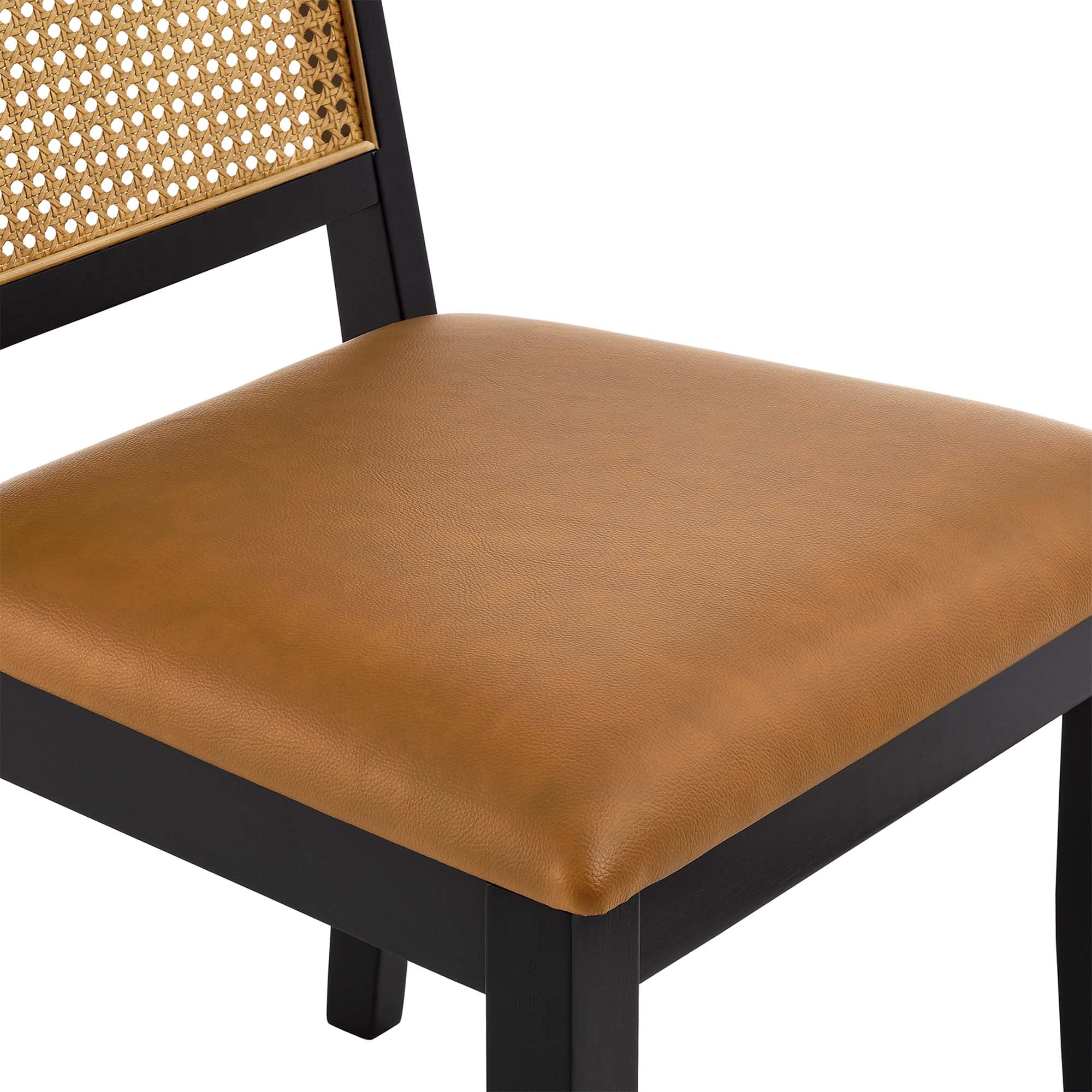 Arlo Vegan Leather Upholstered Faux Rattan and Wood Dining Side Chairs Set of 2 - Black Natural Tan