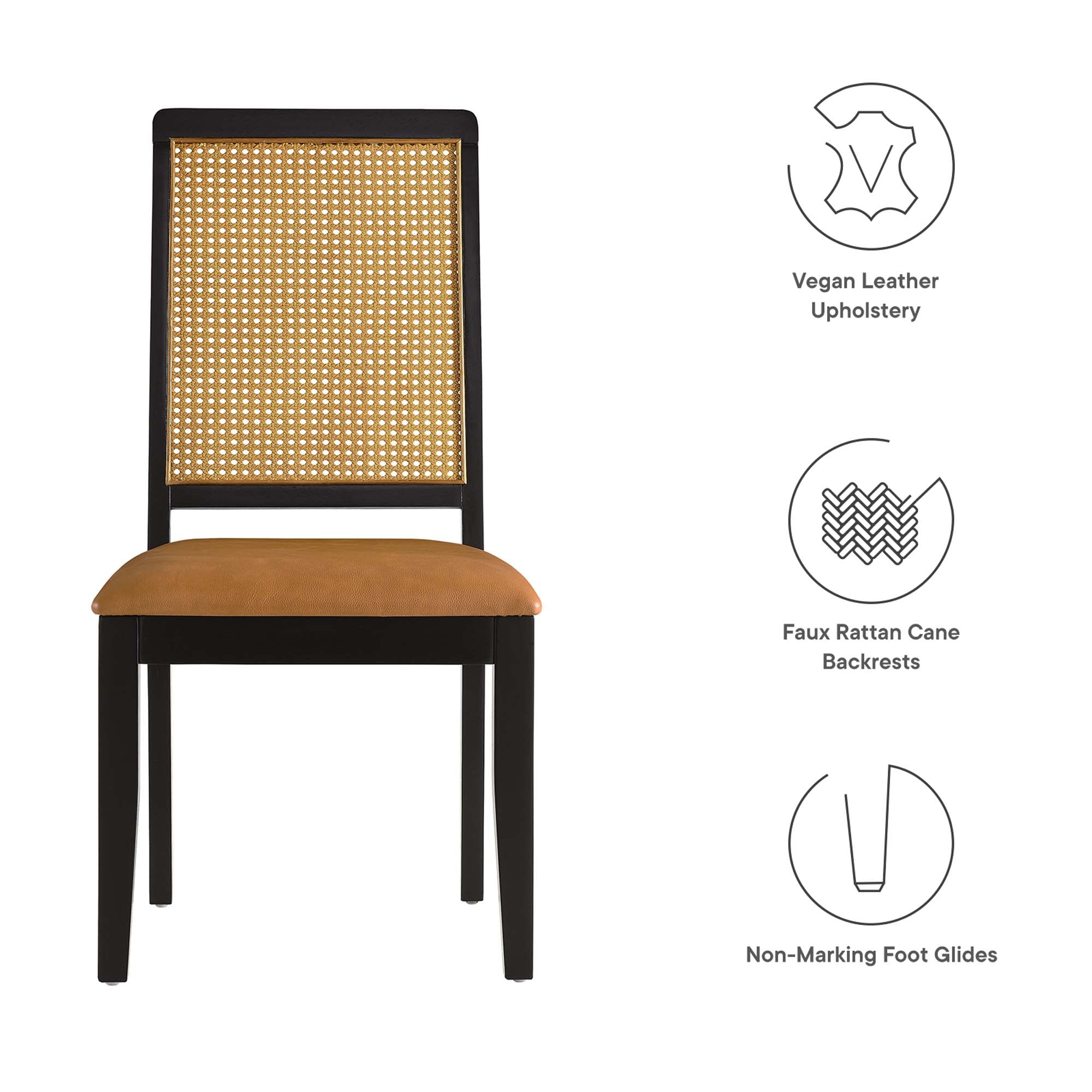 Arlo Vegan Leather Upholstered Faux Rattan and Wood Dining Side Chairs Set of 2 - Black Natural Tan