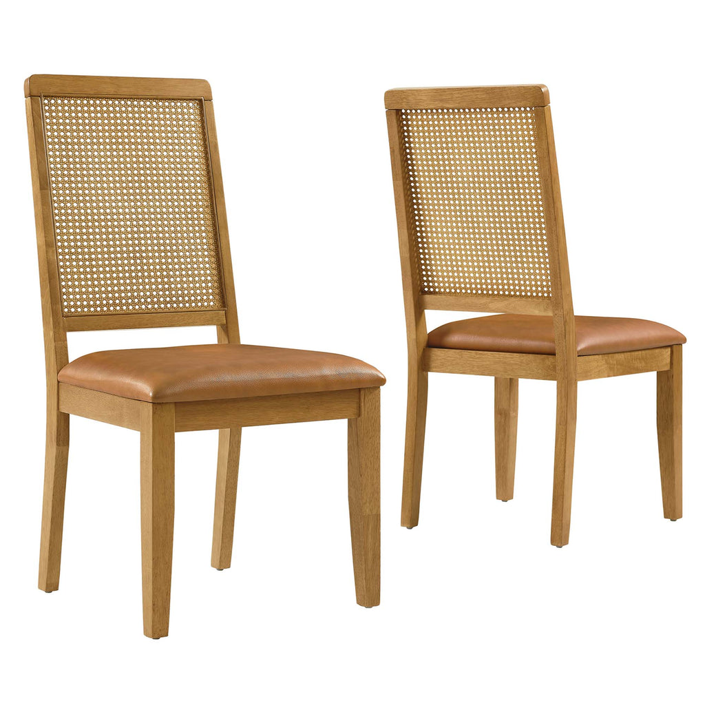 Arlo Vegan Leather Upholstered Faux Rattan and Wood Dining Side Chairs Set of 2 - Natural Natural Tan