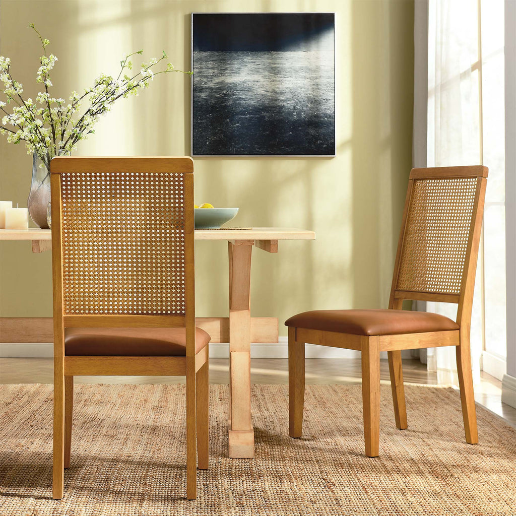 Arlo Vegan Leather Upholstered Faux Rattan and Wood Dining Side Chairs Set of 2 - Natural Natural Tan